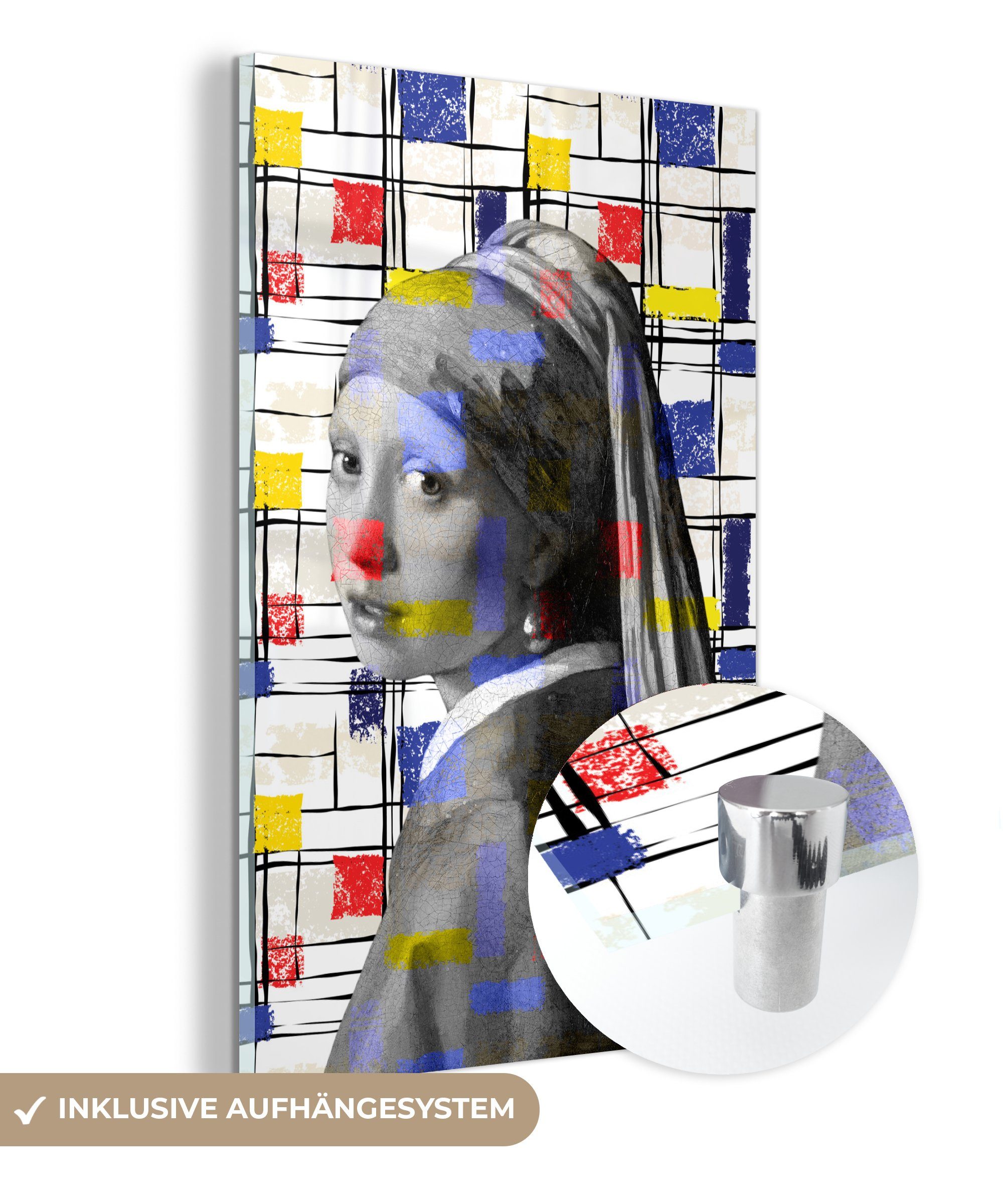 MuchoWow Acrylglasbild Mondrian - Mädchen mit Perlenohrring - Collage, (1 St), Glasbilder - Bilder auf Glas Wandbild - Foto auf Glas - Wanddekoration bunt