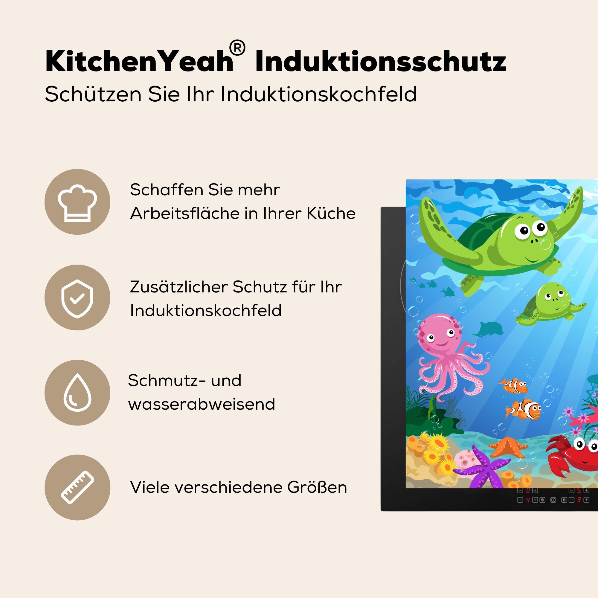 MuchoWow Herdblende-/Abdeckplatte Illustration von schwimmenden für Vinyl, (1 tlg), küche für cm, 78x78 Ceranfeldabdeckung, Wassertieren Arbeitsplatte Kinder