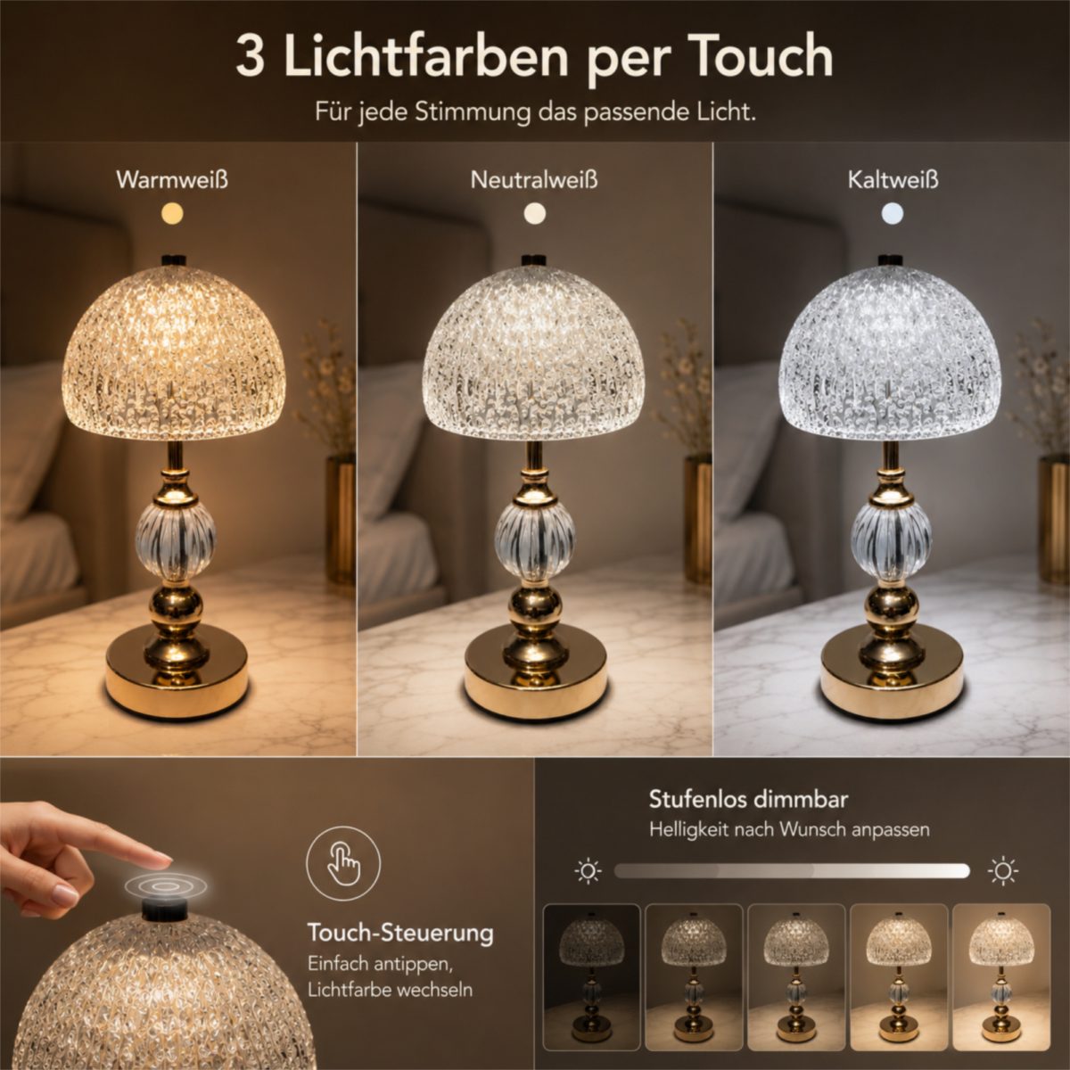 Luckice LED Nachttischlampe Moderne LED Tischlampe–Nachtlicht Nachttischlampe kabellos, 2000-mAh-Batterie, dreifarbige Lichtänderung, stufenlose Dimmung, stilvolle Tischleuchte mit einstellbarer Helligkeit & Warmweiß für Schreibtisch, Schlafzimmer, Wohnzimmer  stufenlos dimmbar, augenschonend & energiesparend