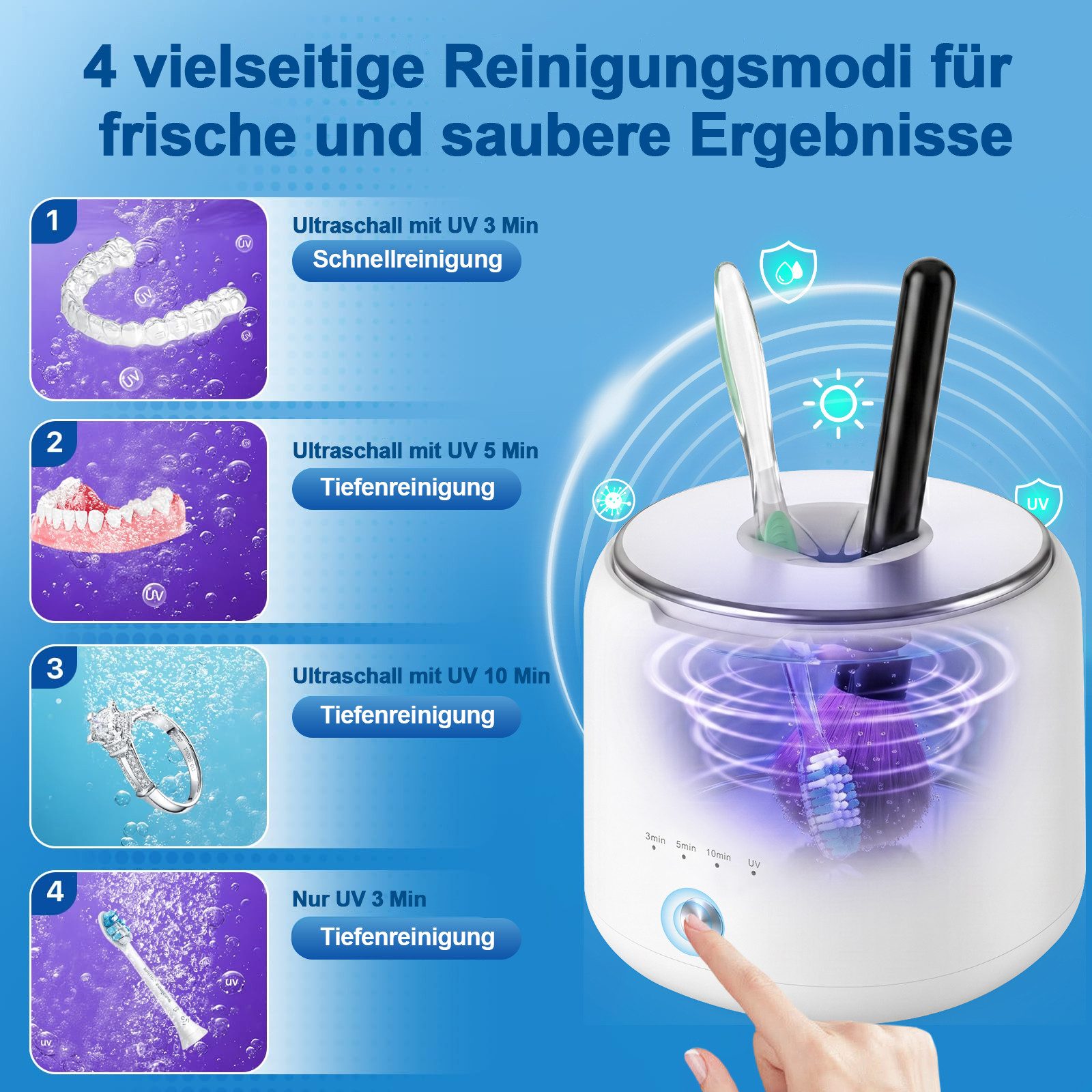 SWGOTA Ultraschallreiniger Ultraschallreinigungsgerät 45000Hz 200ml Tank für Zuhause Büro, 4 Modi UV 254nm Reinigung leise unter 35dB 290g kompakt