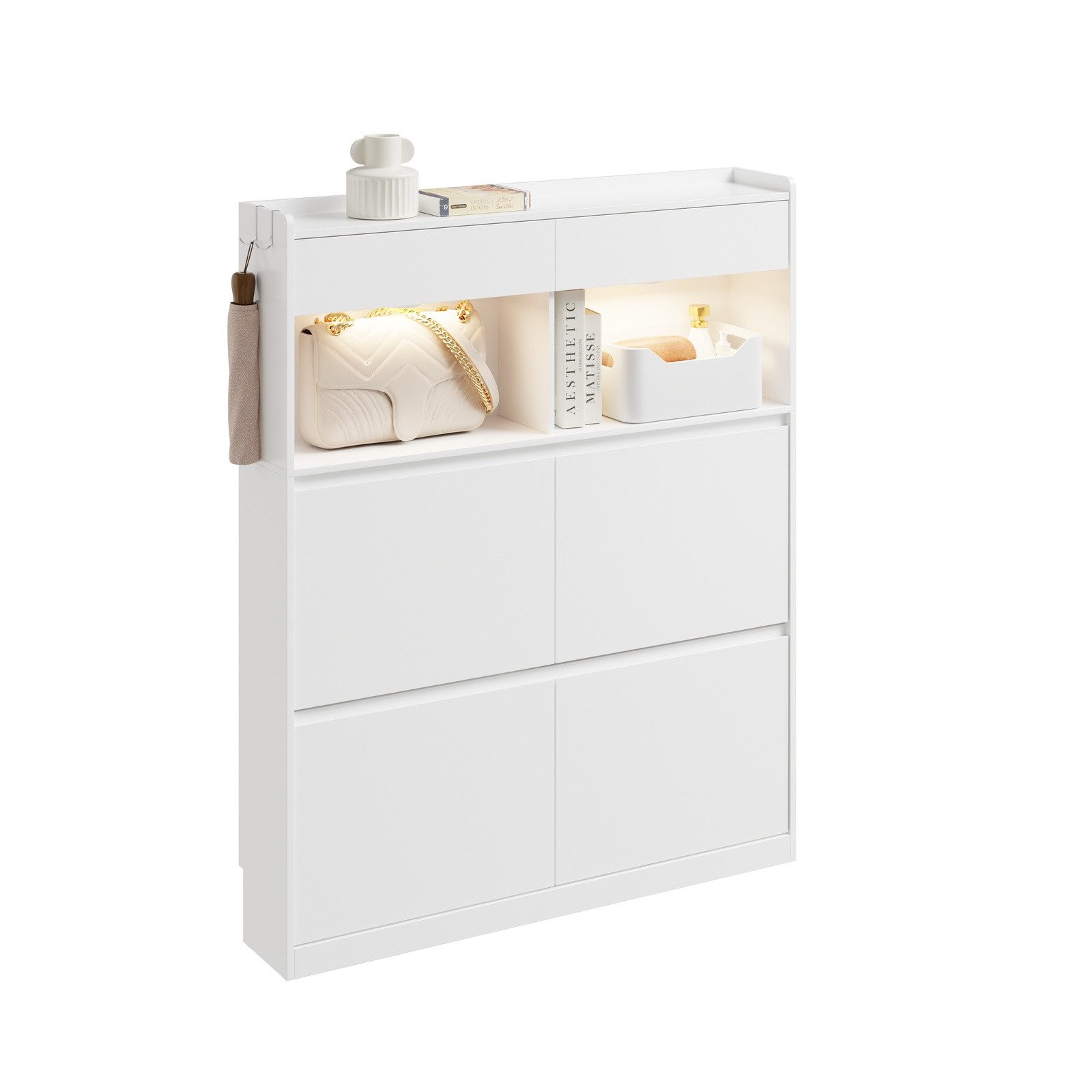 SoBuy Schuhkipper FSR224-E, Schuhkipper schmal, Flurschrank Schuhregal, LED-Licht, Haken, mit 2 Schubladen, nur 19 cm tief, bis EU-Größe 46, für Enge Flure