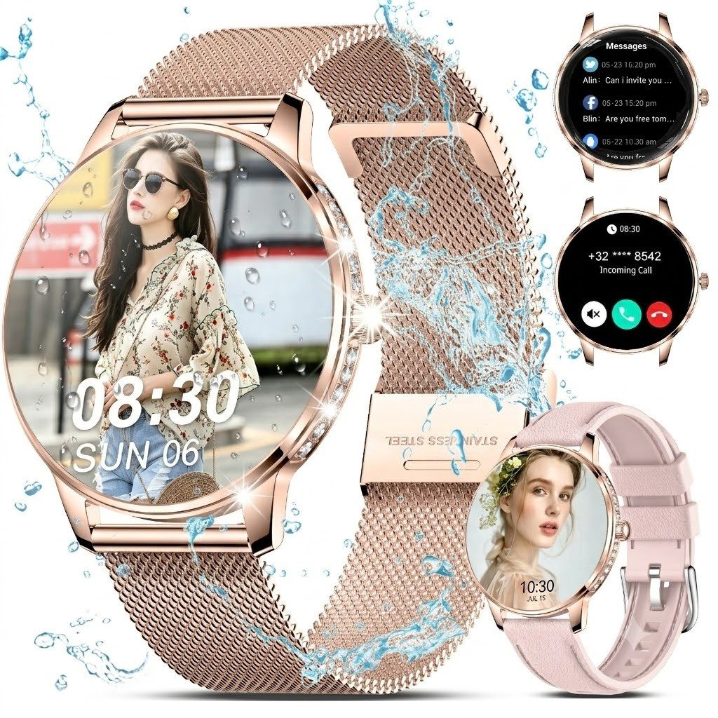 Forrlite 2026 Neues Smartwatch Damen Herren mit Telefonfunktion, Smartwatch (38mm cm/1.19 Zoll) Spar-Set, 4-tlg., Anrufe, Schrittzähler, Puls, Blutdruck, Stress-, Schlafüberwachung, IP68 Wasserdicht – Fitnessuhr Kompatibel mit iOS Android