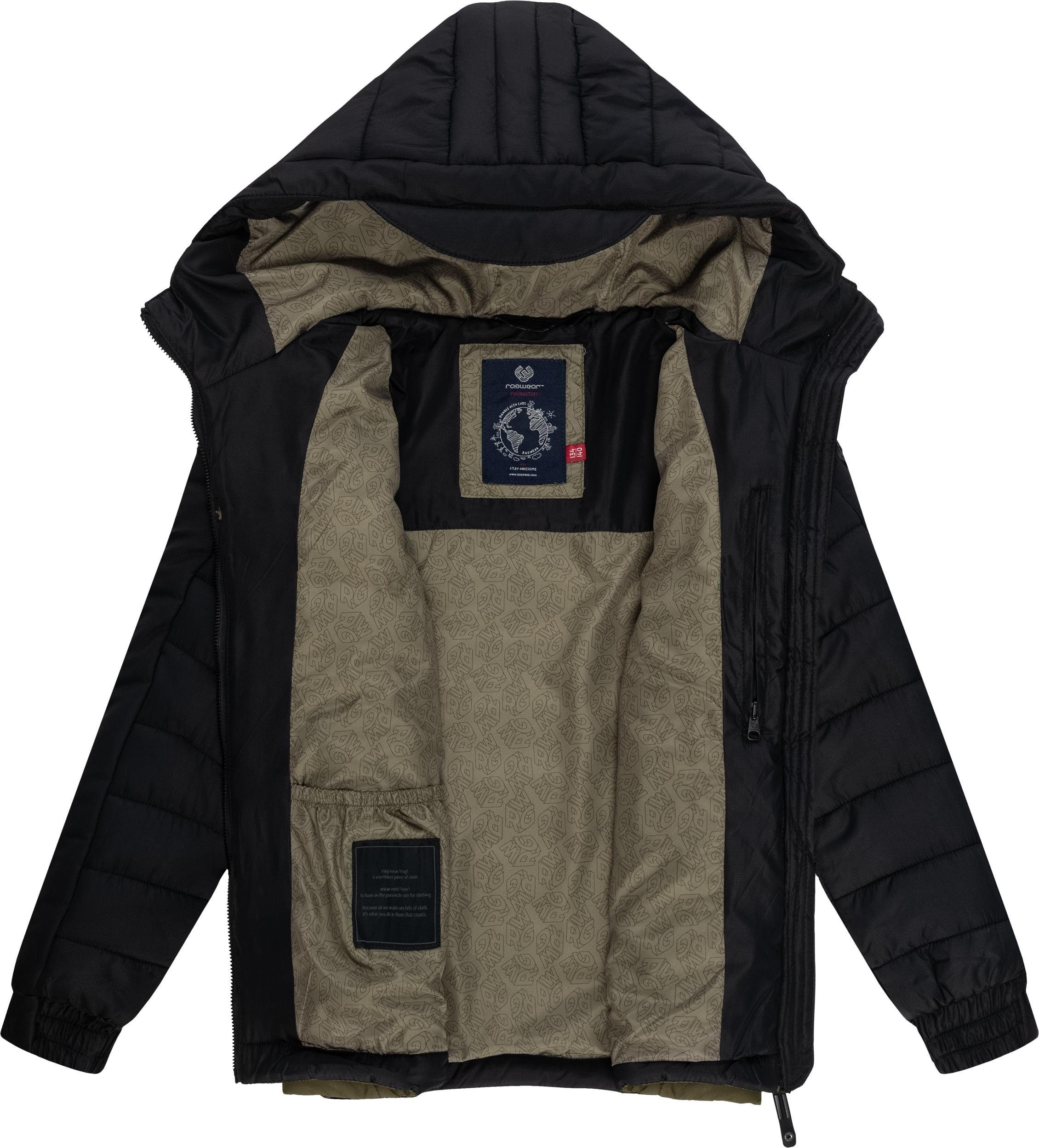 schwarz Winter Winterjacke mit Ragwear Blocks Jungen Steppjacke Kapuze Coolio