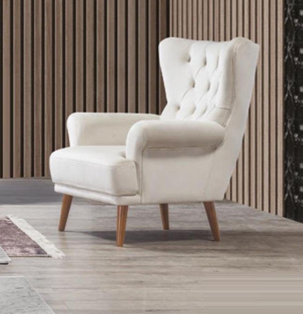 JVmoebel Sessel, Sessel 1 Sitzer Weiß Wohnzimmer Textil Design Chesterfield Ohrensessel