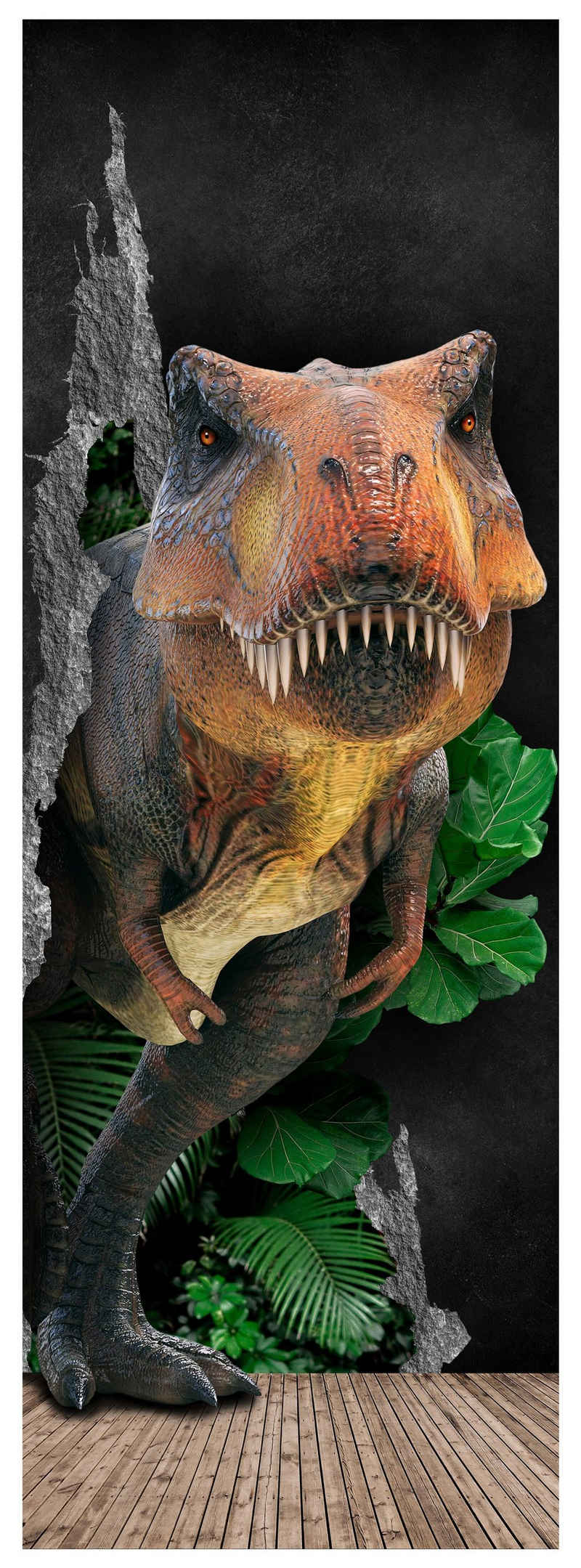 wandmotiv24 Türtapete T-Rex aus dem Dschungel, Dino-saurier, glatt, Fototapete, Wandtapete, Motivtapete, matt, selbstklebende Dekorfolie