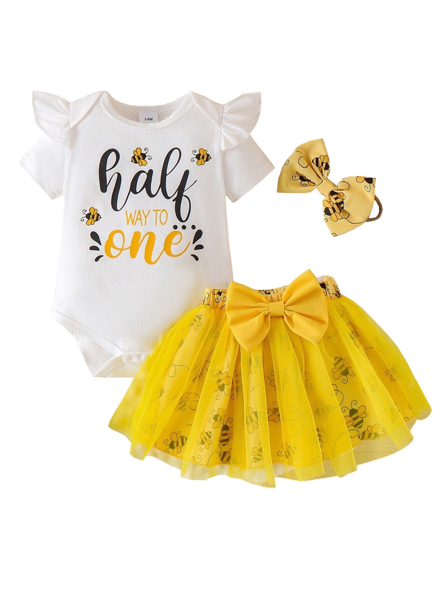 Gluckids Shirt, Rock & Haarband Sommerliches Outfit für Babymädchen Kurzarmbody mit Netzrock Stirnband (Set, 3-tlg) Niedliches Babyset mit Bienenmuster, für Sommerpartys und Geburtstage.