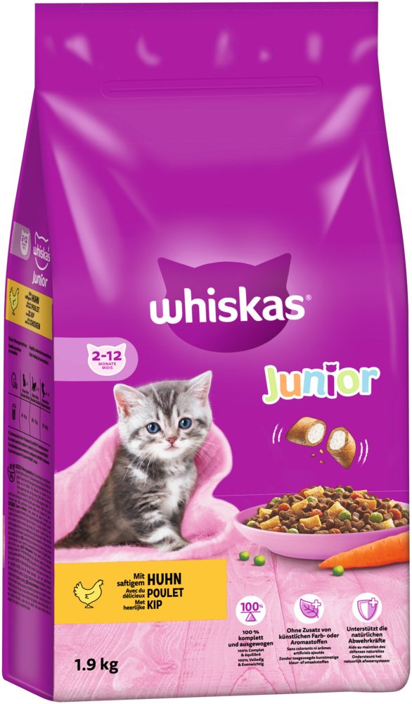 Whiskas WHISKAS® Beutel Trocken Junior mit Huhn 6 x 1,9kg, Trockenfutter für: Katze