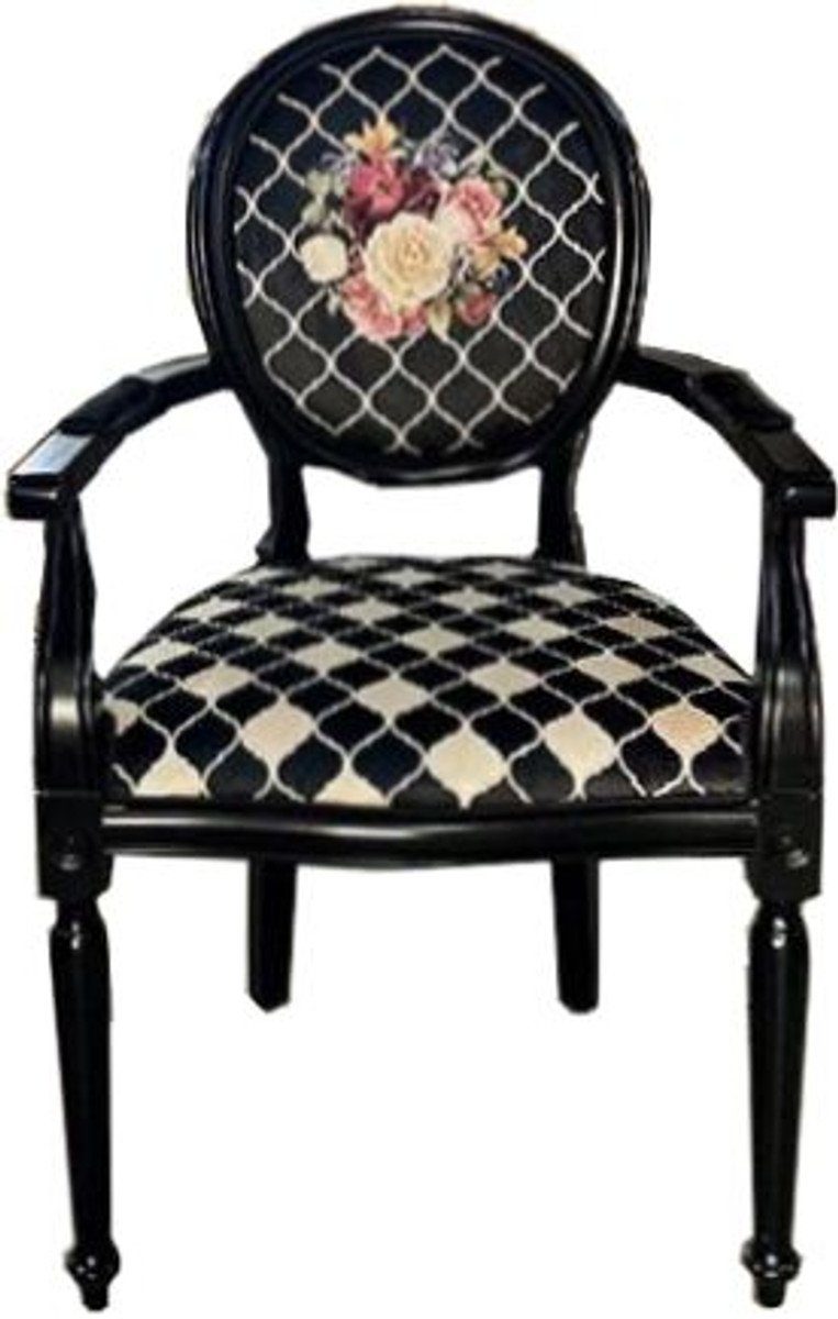 Casa Padrino Esszimmerstuhl Luxus Barock Esszimmerstuhl Schwarz / Weiß / Mehrfarbig - Handgefertigter Antik Stil Stuhl mit Armlehnen - Esszimmer Möbel im Barockstil