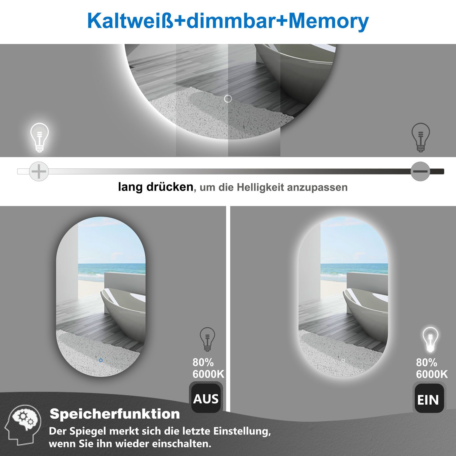 duschspa Badspiegel Spiegel mit LED Beleuchtung dimmbar 40-120cm, Touch oder Wandschalter