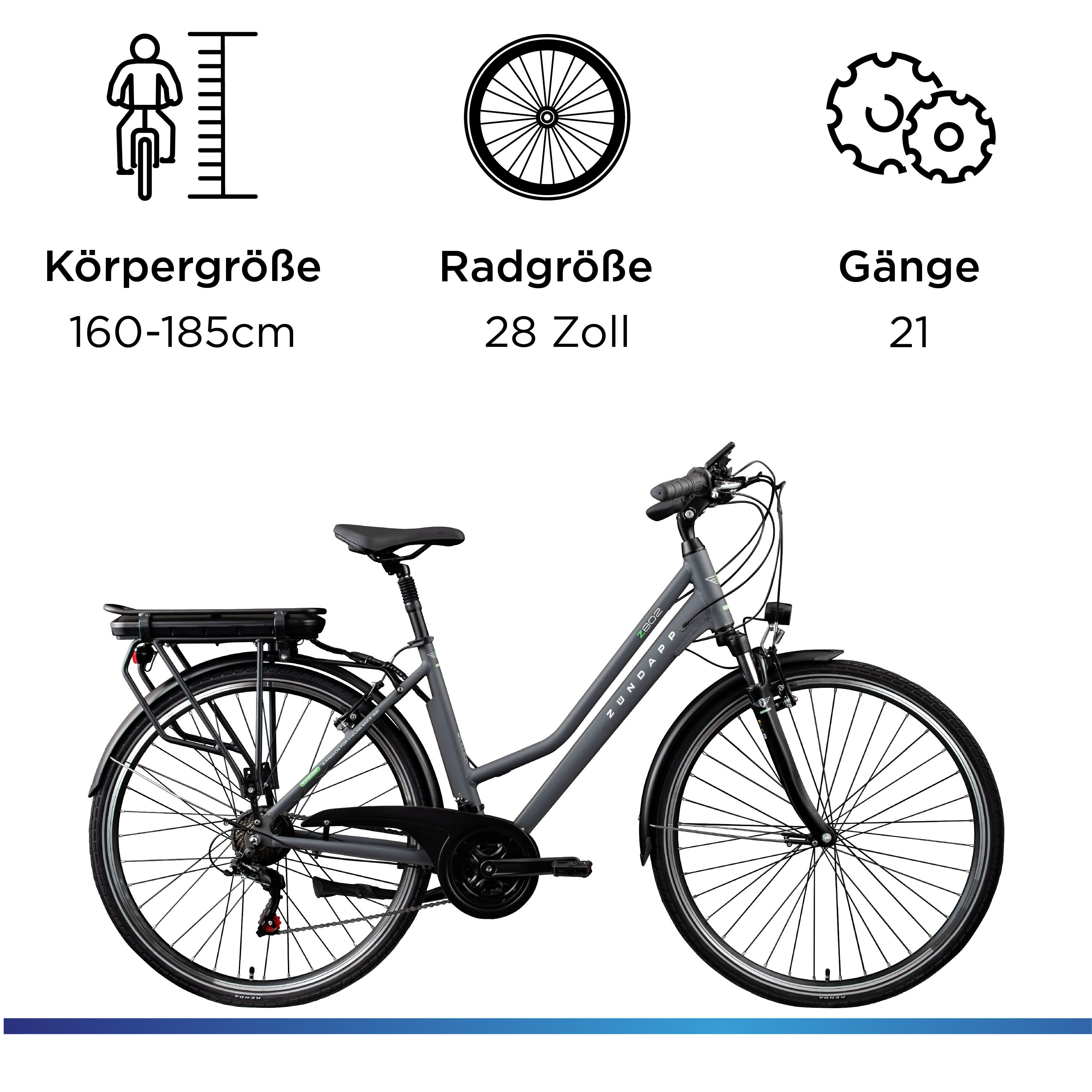 Zündapp E-Bike Trekkingrad Z802 Damen, 21 Gang Shimano Altus RD-M310 Schaltwerk, Kettenschaltung, Heckmotor, 374 Wh, Pedelec, Elektrofahrrad für Damen