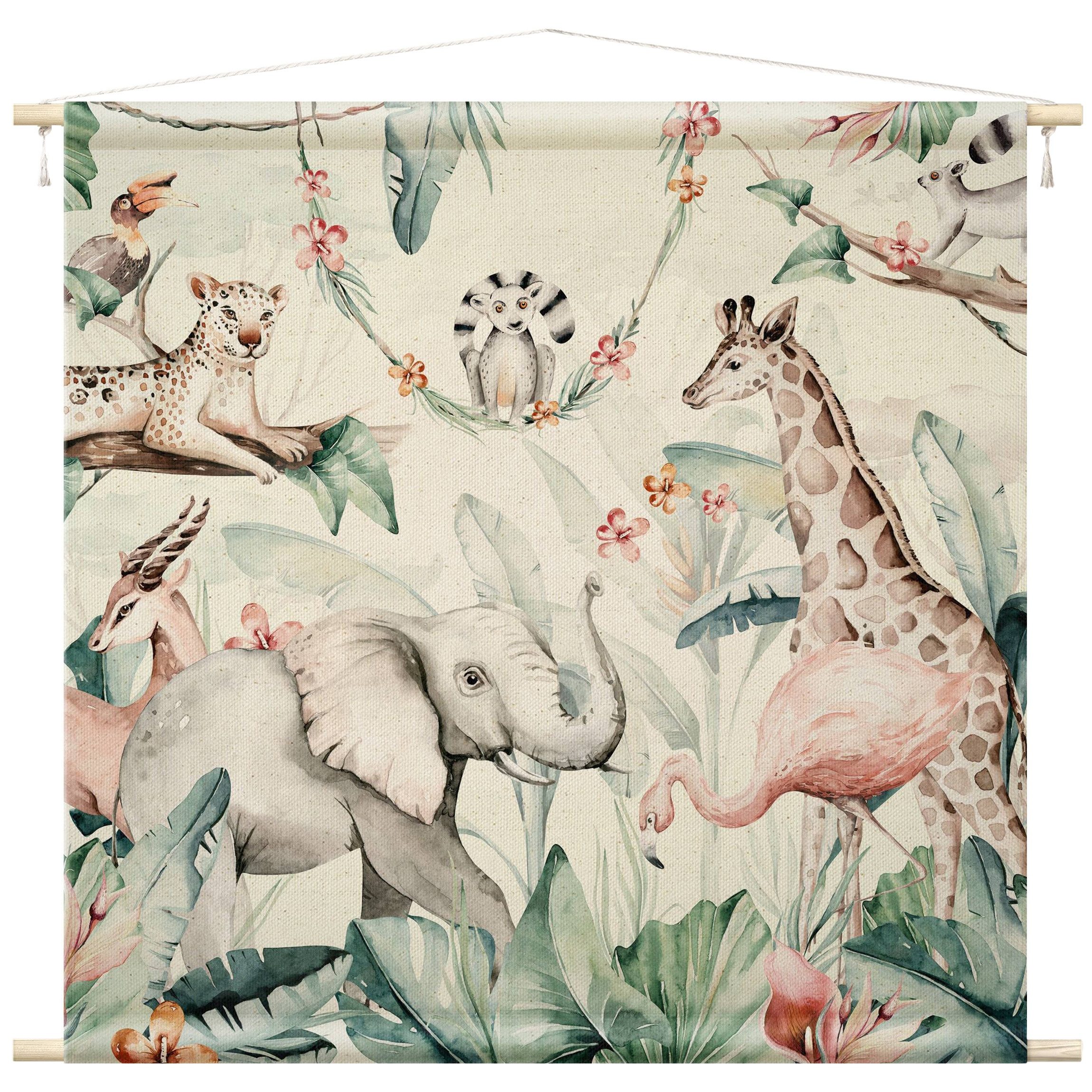 Bilderdepot24 Wandteppich Kinderzimmer modern Wald Natur Tiere Elefant türkis, quadratisch, Höhe: 2.6 mm, großes Wandbild aus Natur-Baumwolle Wandbehang Stoffbild Tuch Wollseil