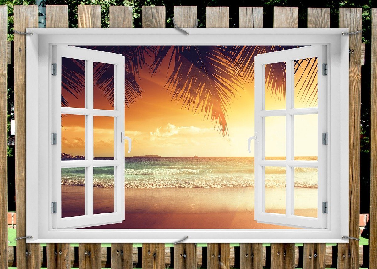 Thumbnail - Wallario Sichtschutzzaunmatten Sonnenuntergang am Strand in der Karibik, mit Fenster-Illusion