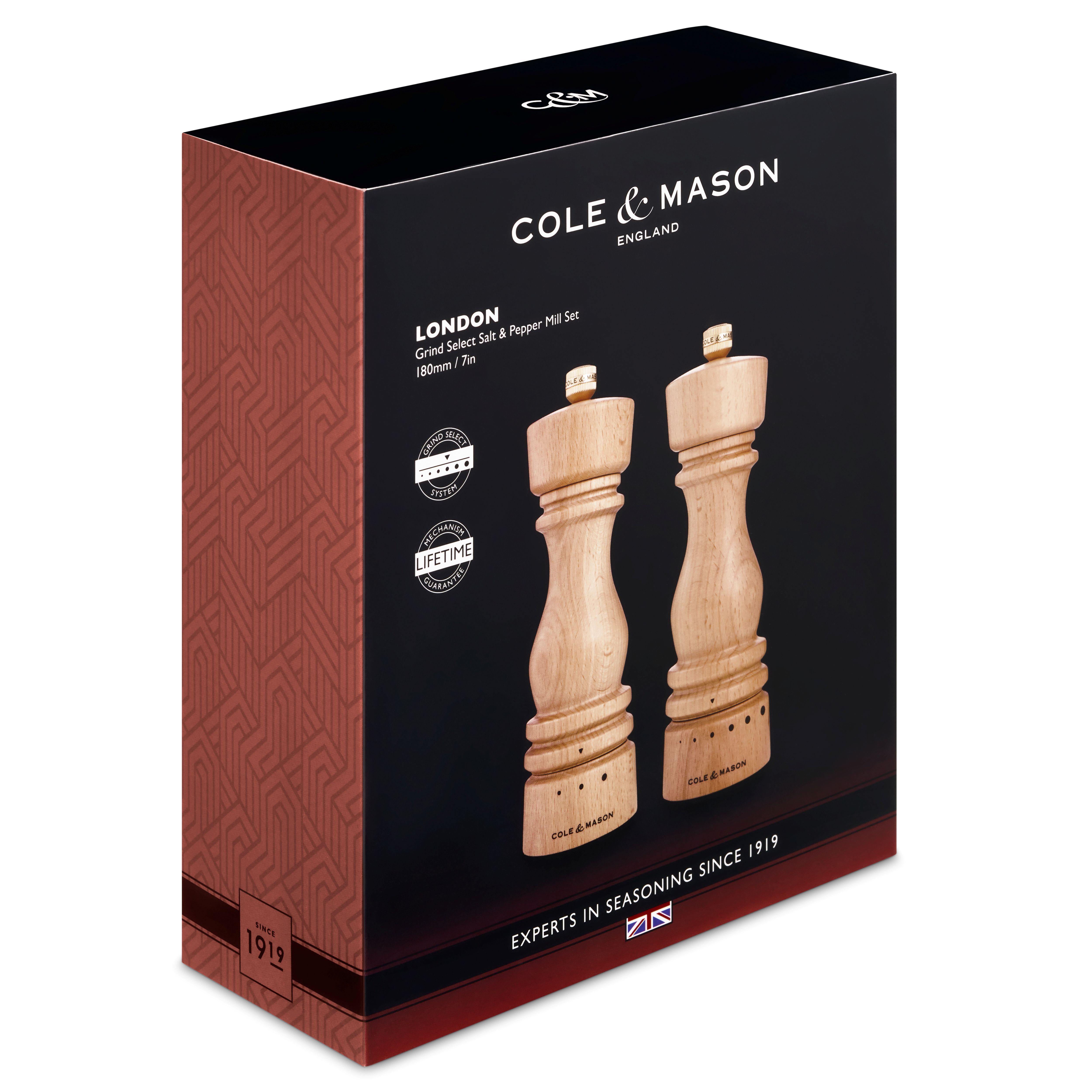Cole & Mason Salz-/Pfeffermühle Set aus Buchenholz mit Mahlgrad-Auswahl London, Precision+ Karbonstahlmahlwerk, korrosionsbeständiges Keramikmahlwerk