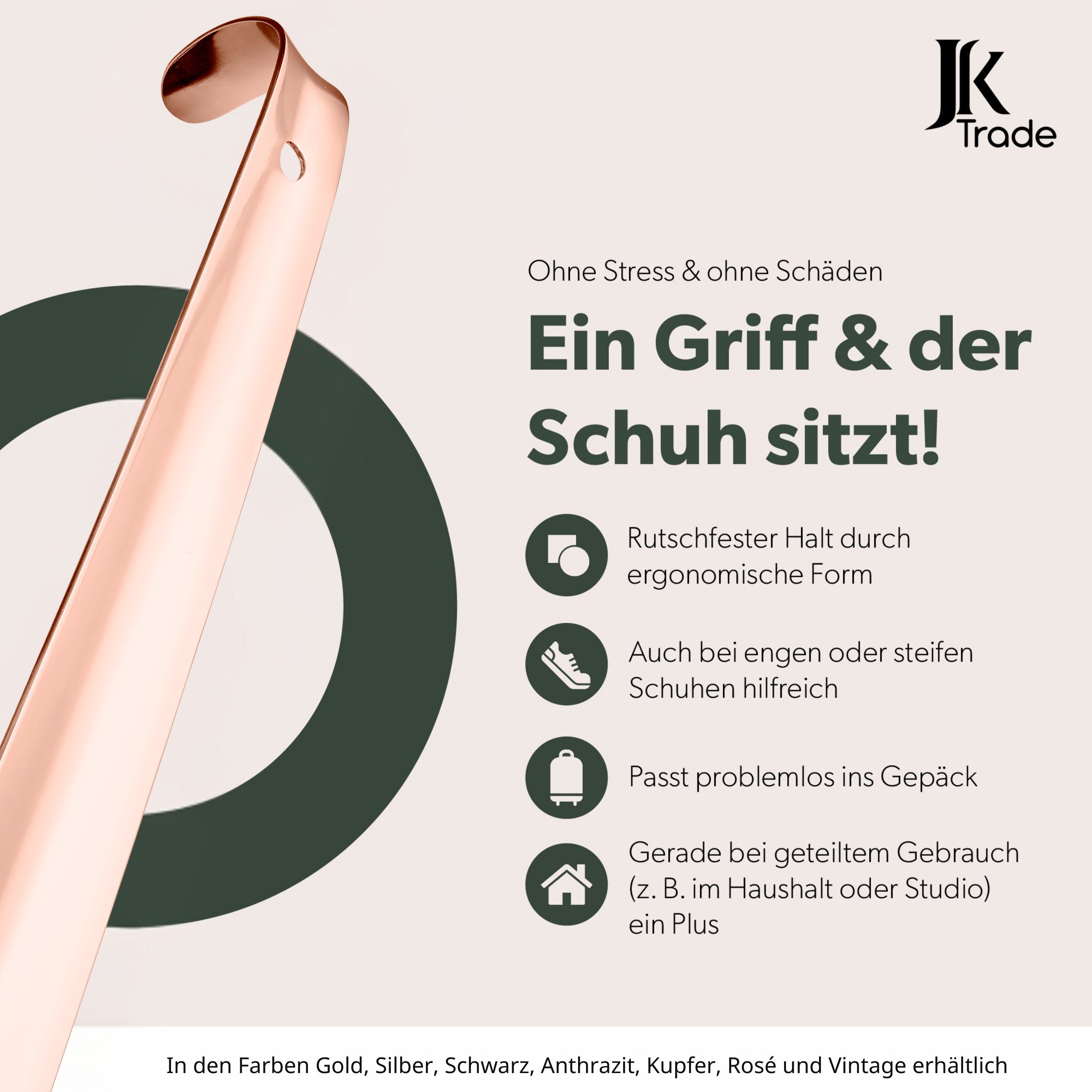 JK Trade Schuhlöffel 29cm Edelstahl Roségold poliert (1-tlg., klein & stabil), für jede Sporttasche – Aufhängbar & hochwertig verarbeitet