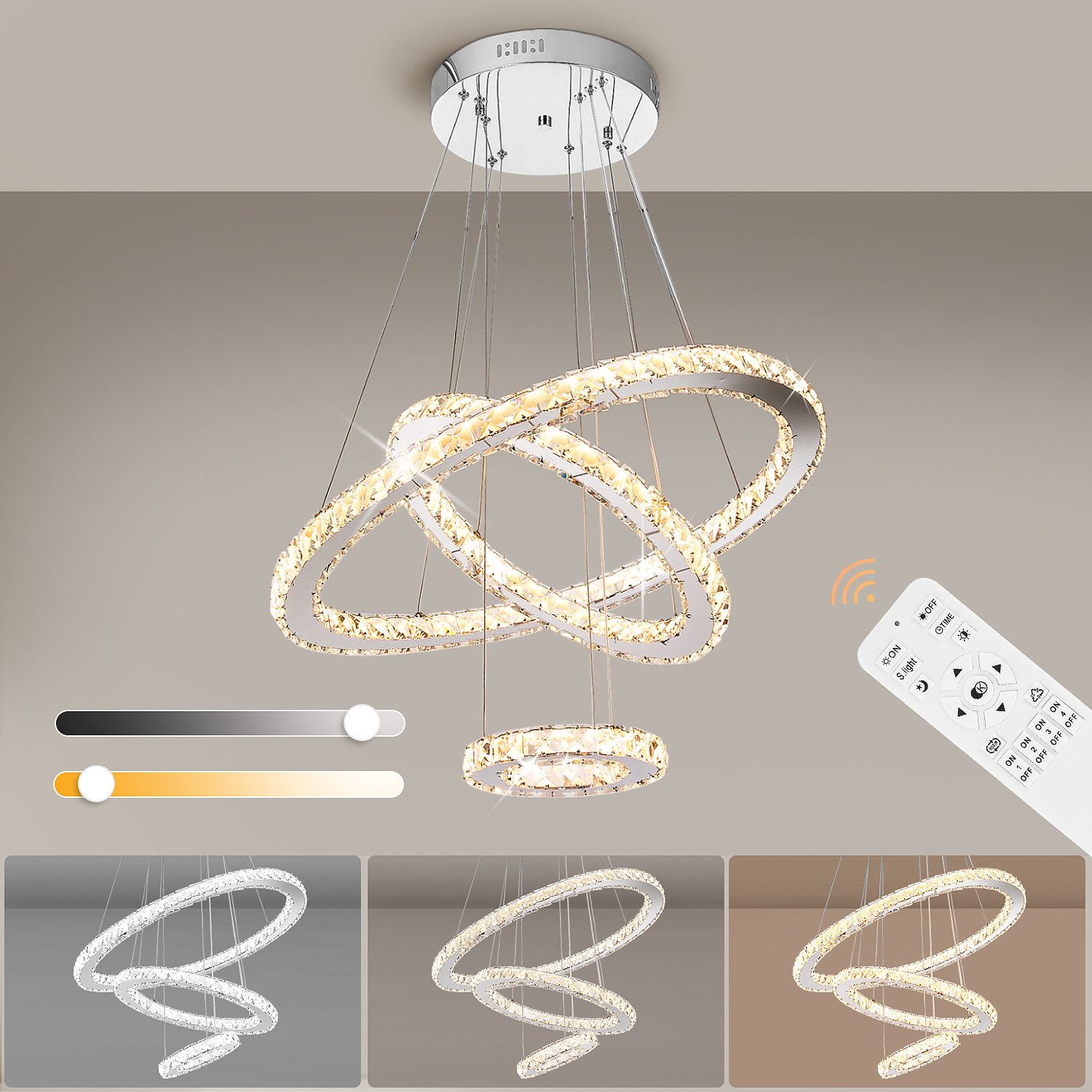 WILGOON Deckenleuchte LED Pendelleuchte, Moderne LED Kristall Deckenlampe, 3 Ringe, LED fest integriert, warmweiß, neutralweiß, kaltweiß, mit Fernbedienung, verstellbar, Kronleuchter für Schlafzimmer Wohnzimmer