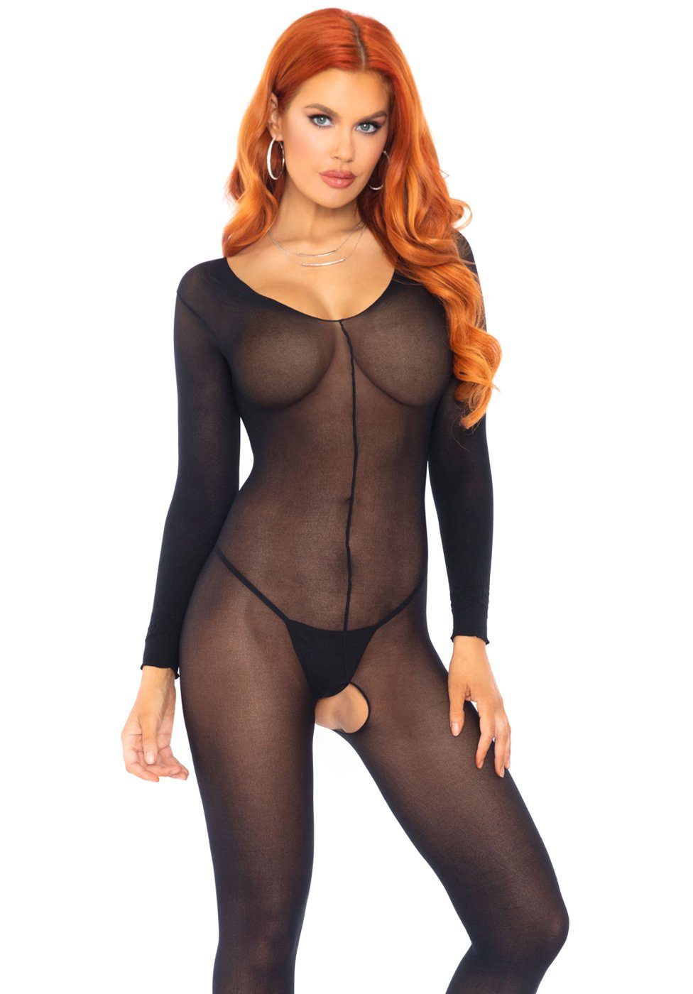 Bodystocking Langarm Bodystocking mit offenem Schritt - schwarz