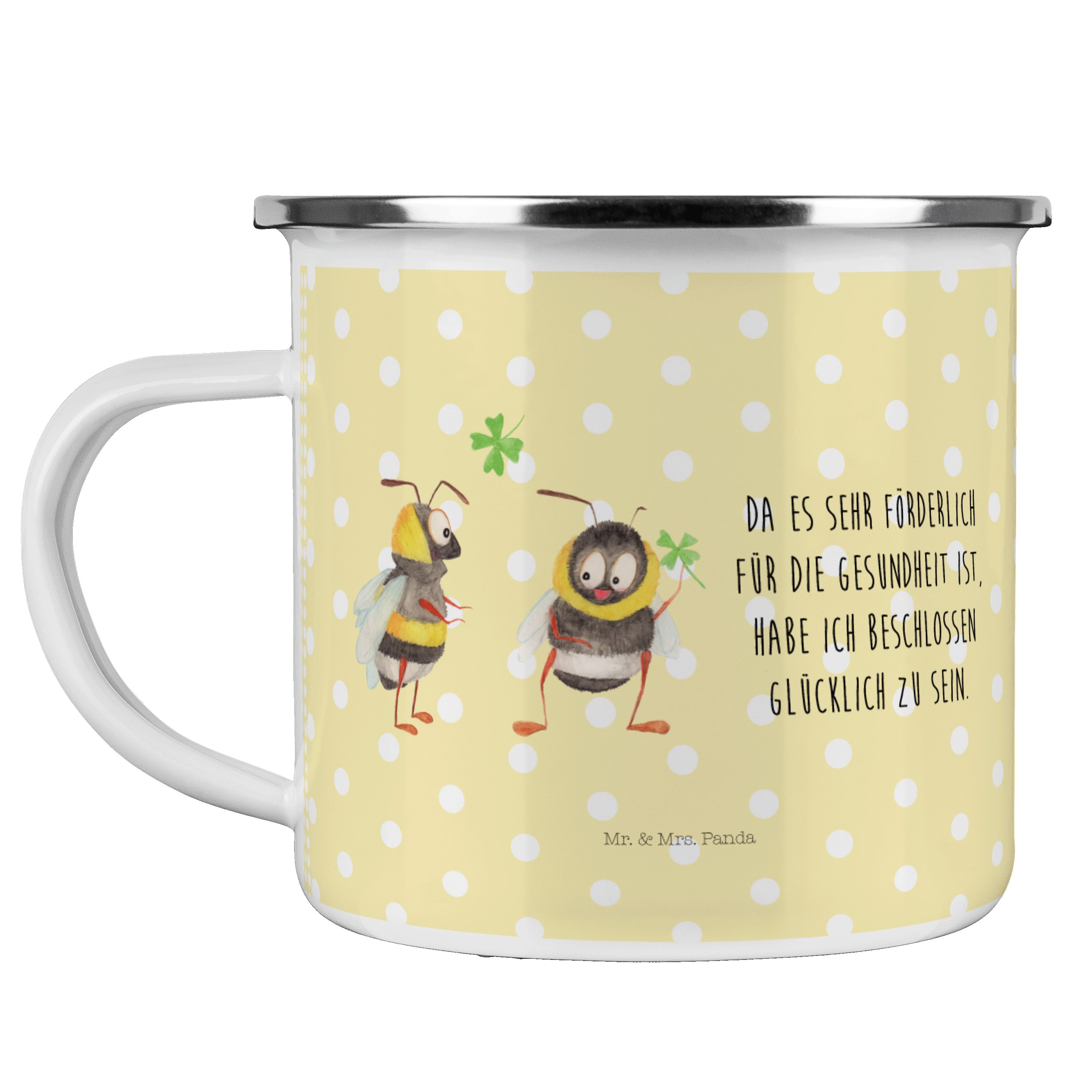 Mr. & Mrs. Panda Becher Hummeln mit Kleeblatt - Gelb Pastell - Geschenk, Trinkbecher, Tiere, Emaille