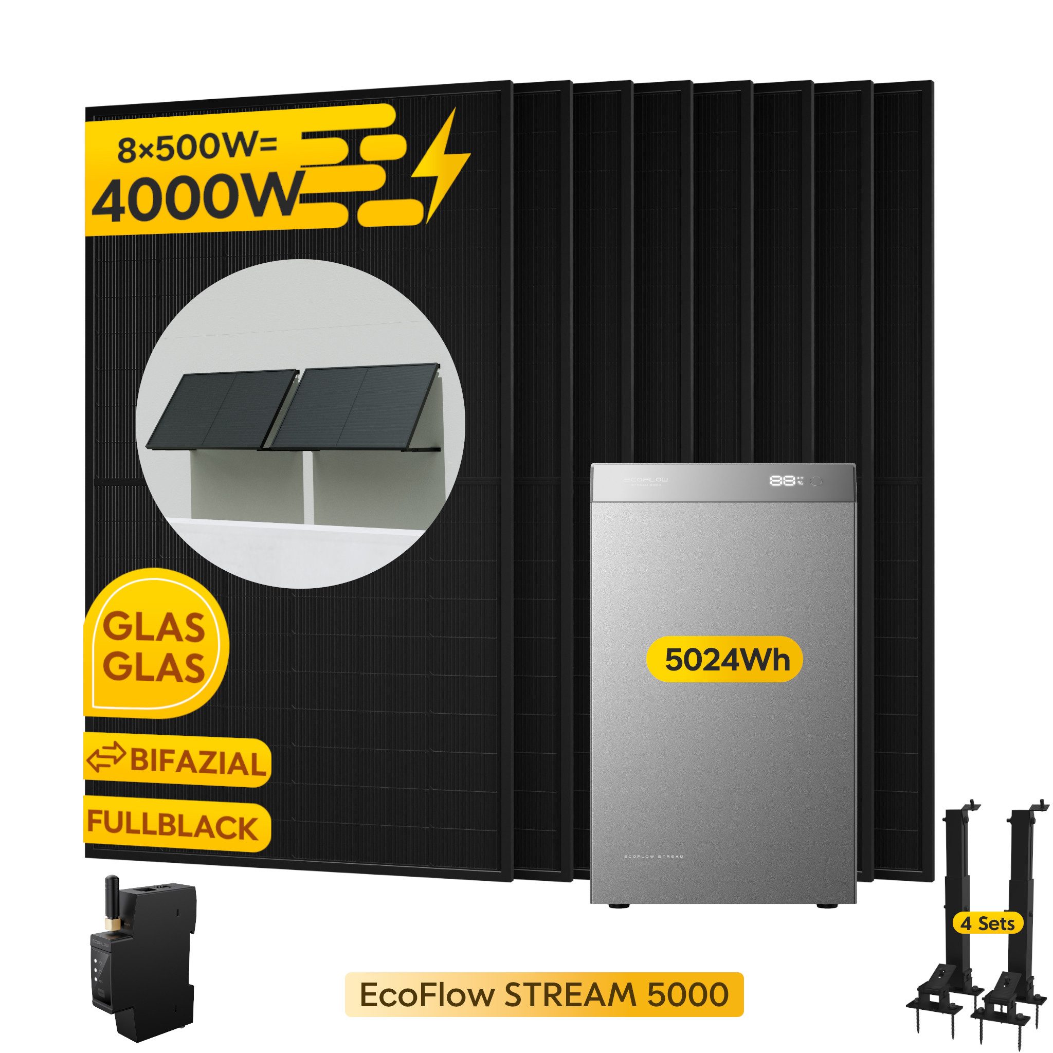 Ecoflow Balkonkraftwerk EcoFlow STREAM 5000 Speicher 5024Wh mit 4.000 Wp Solarmodule, (8×500 W Solarmodule), inkl. Smart Meter & Halterung (Optional)