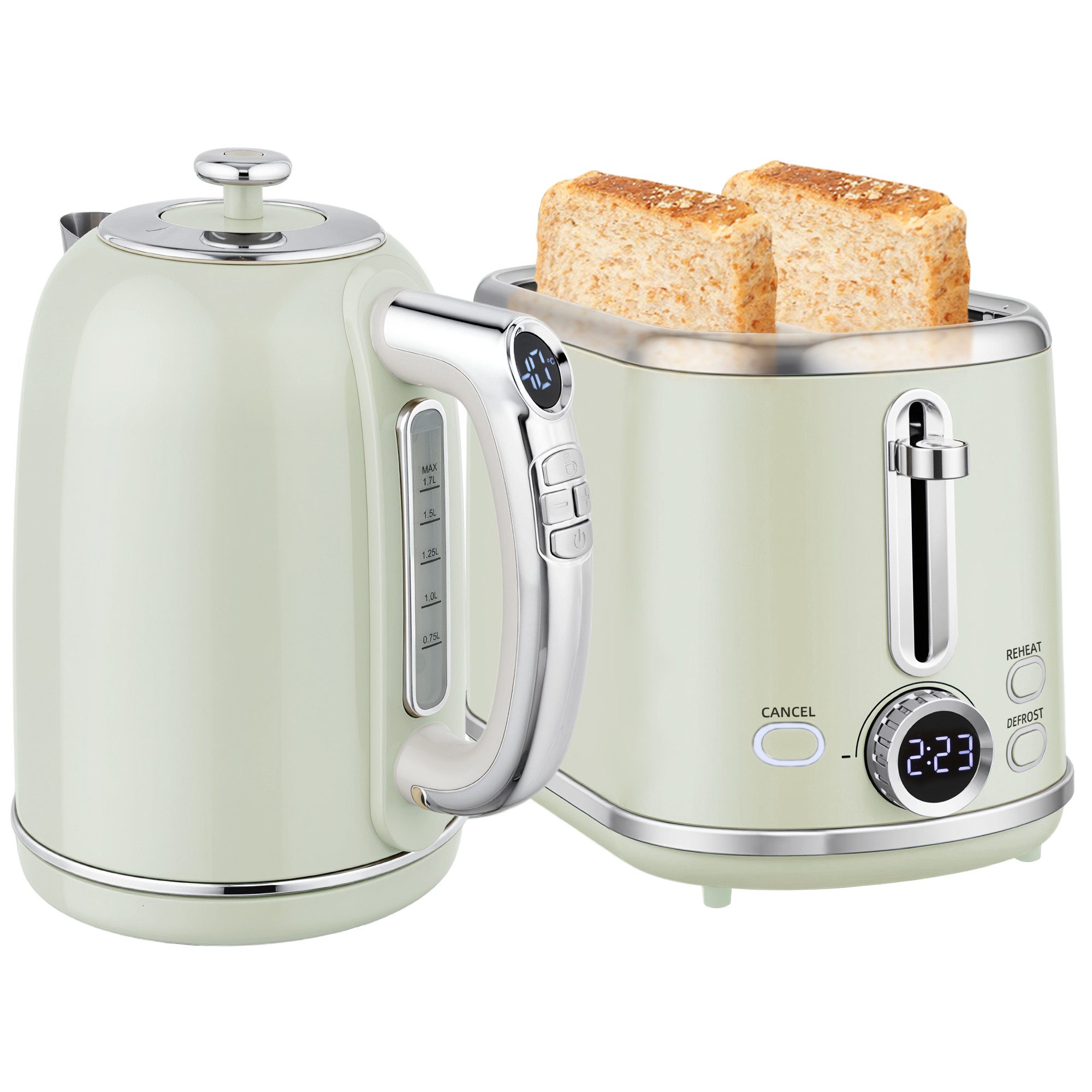 HOMCOM Toaster 1.7 Liter, 2-Schlitz-Toaster, Wasserkocher-Toaster-Set, für Frühstückszubereitung, 2200 W, mit LED-Display, Grau