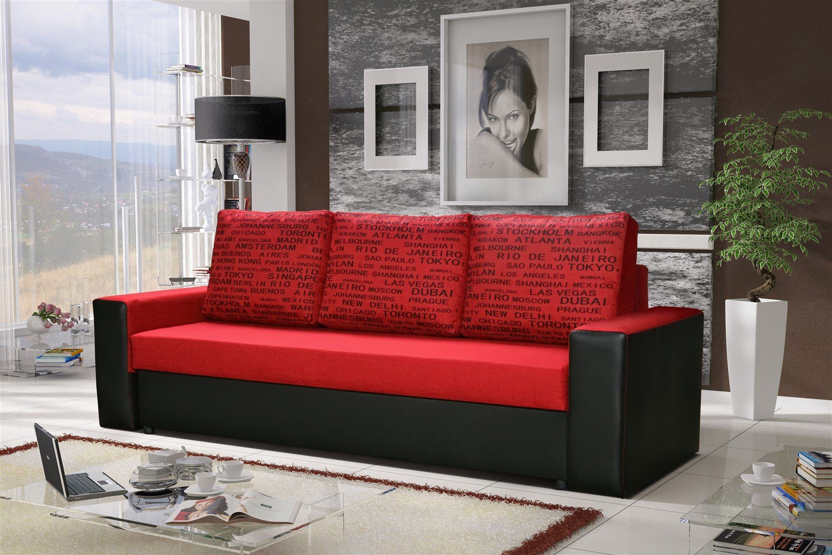 Fun Möbel Schlafsofa Sofa Designersofa LEEDS 3-Sitzer, inkl. 3 Rückenkissen, inkl. Schlaffunktion mit Bettkasten Schwarz/Rot