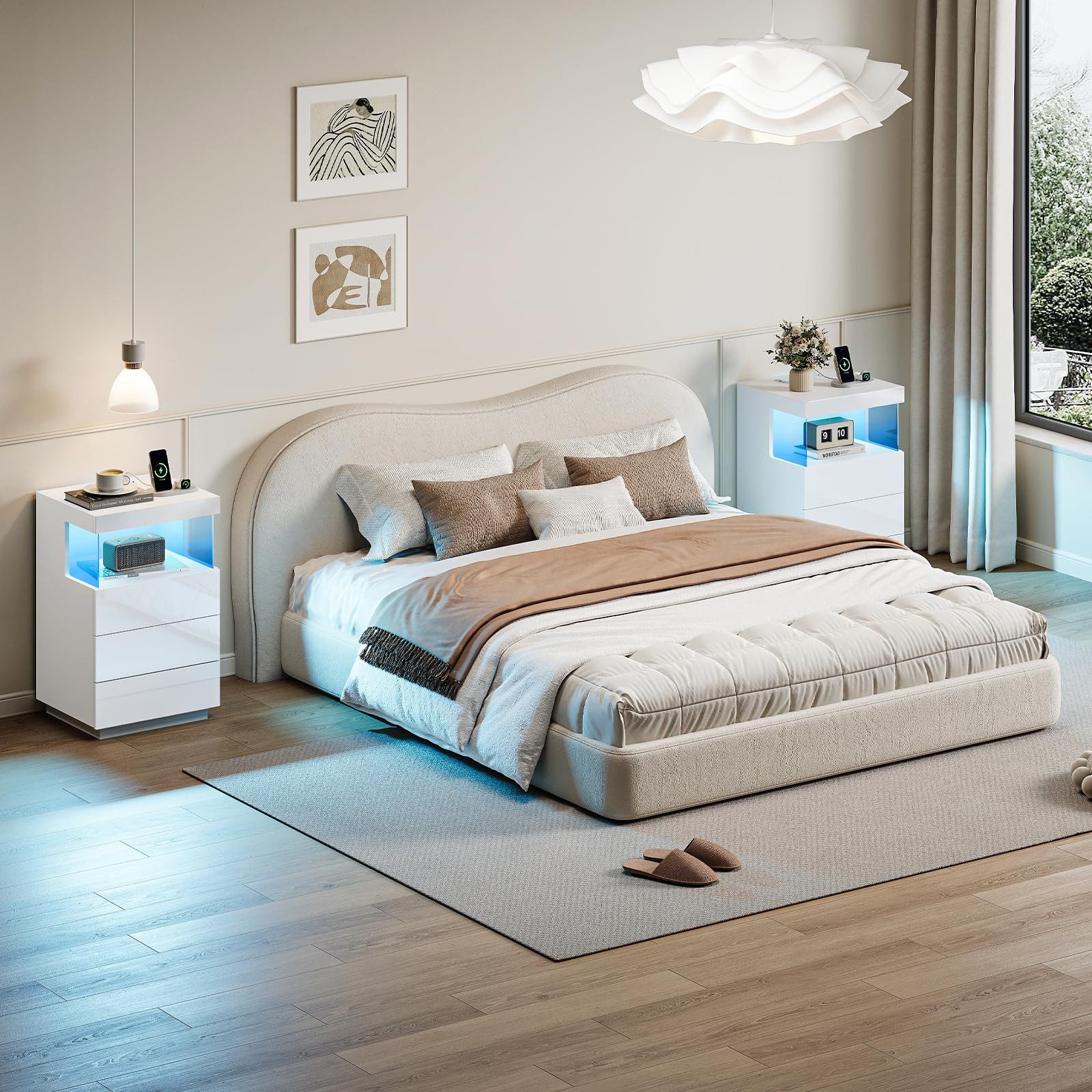 Dripex Nachttisch Nachttisch 2er Set mit Steckdose, 3 Schubladen LED Beistelltisch Weiß, Aus hochwertigen Spanplatten und MDF-Platten gefertigt