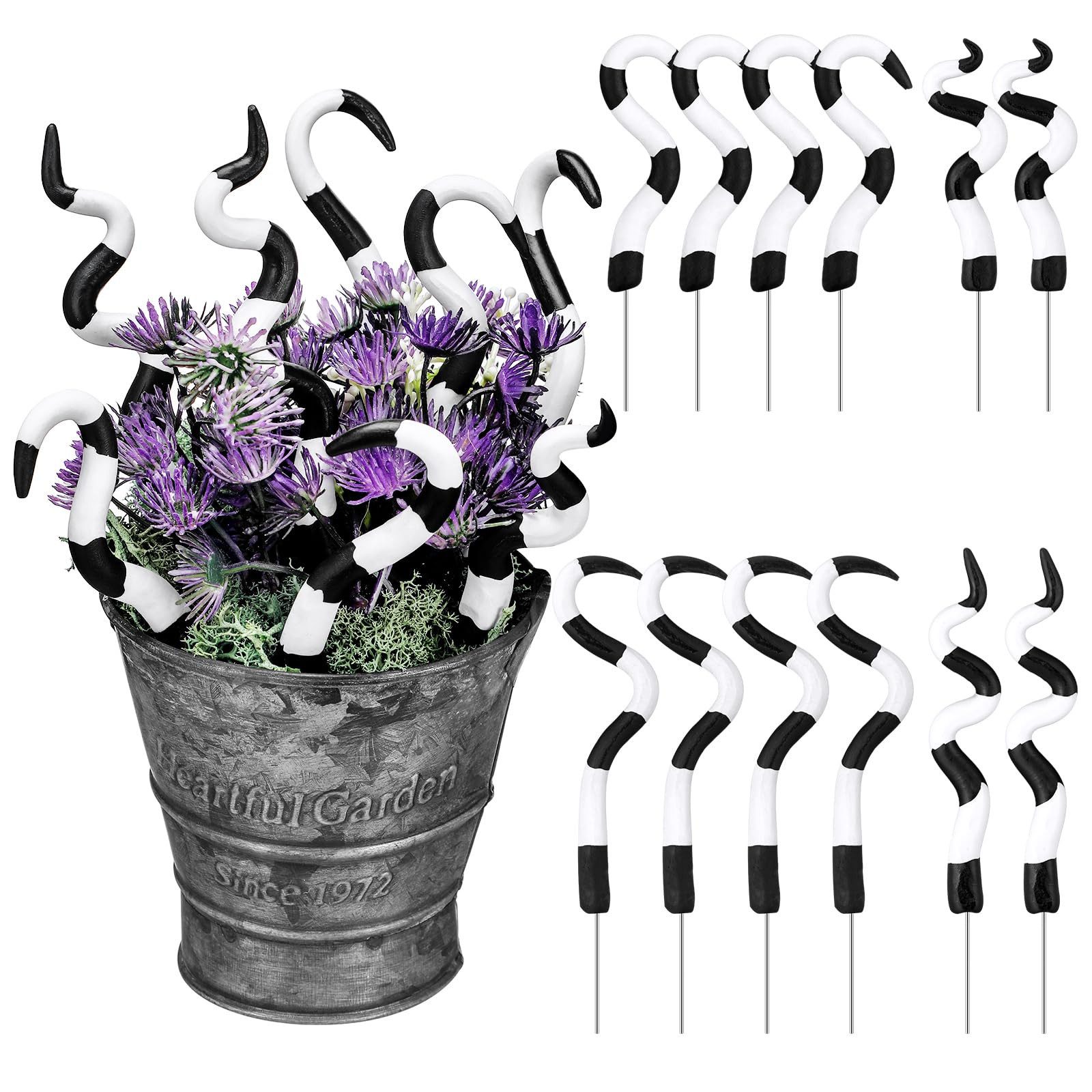 CLTYQ Dekoobjekt 12 Stück schwarz-weiße Halloween-Sandwurm-Dekorationen, gruselige Pflanzenstäbe für Pflanzendekorationen auf der Veranda