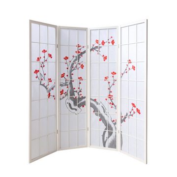 Homestyle4u Paravent 4tlg Raumteiler Kirschmuster Kirschblüten weiß, 4-teilig