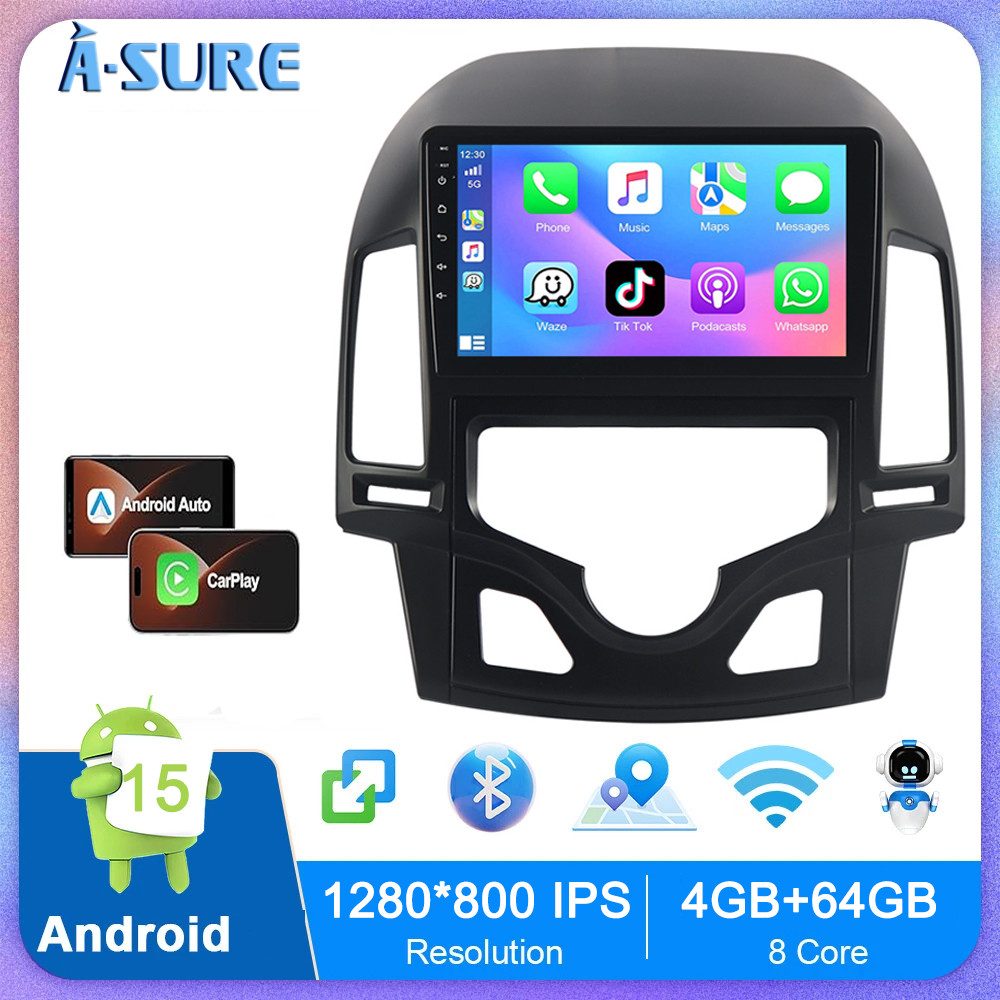 A-Sure 9Zoll Wireless Carplay Android 15 Für FM BT Hyundai i30 MK1 FD 2006-11 Autoradio (Digitalradio (DAB), 8-Core CPU, RDS, DSP, GPS, SWC, Navi, UI Theme, Siri, Mirrorlink, Google play, Netflix, Youtube, Calendar, TikTok)
