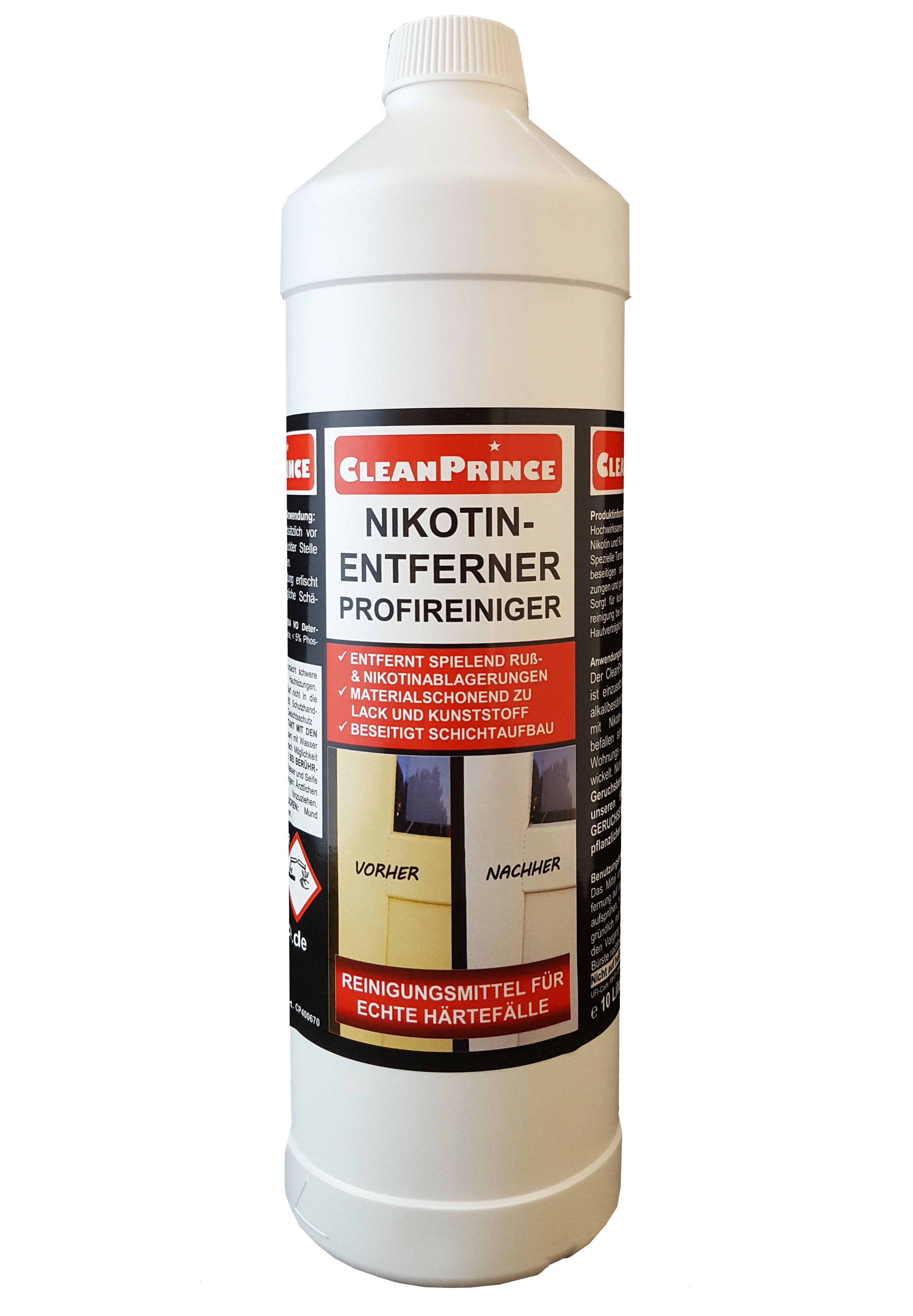 CleanPrince Nikotinentferner Profireiniger 1 Liter Reinigungskonzentrat (Reinigung von Nikotin und Ruß befallenen Oberflächen)