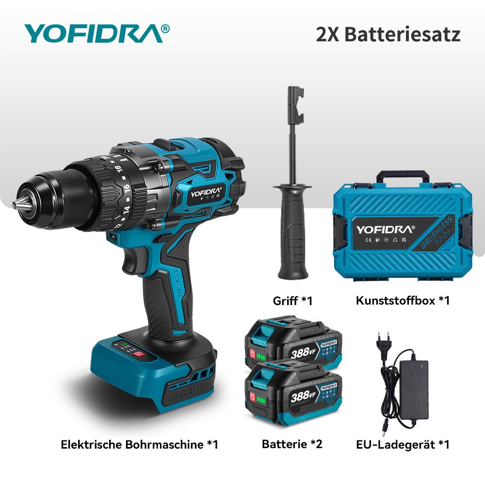 Yofidra Akku-Schlagbohrschrauber 260 Nm Bürstenlose Bohrhammer 13 mm Bohrschrauber mit 2 x Akkus, max. 2500 U/min, 20+3 Drehmomentstufen