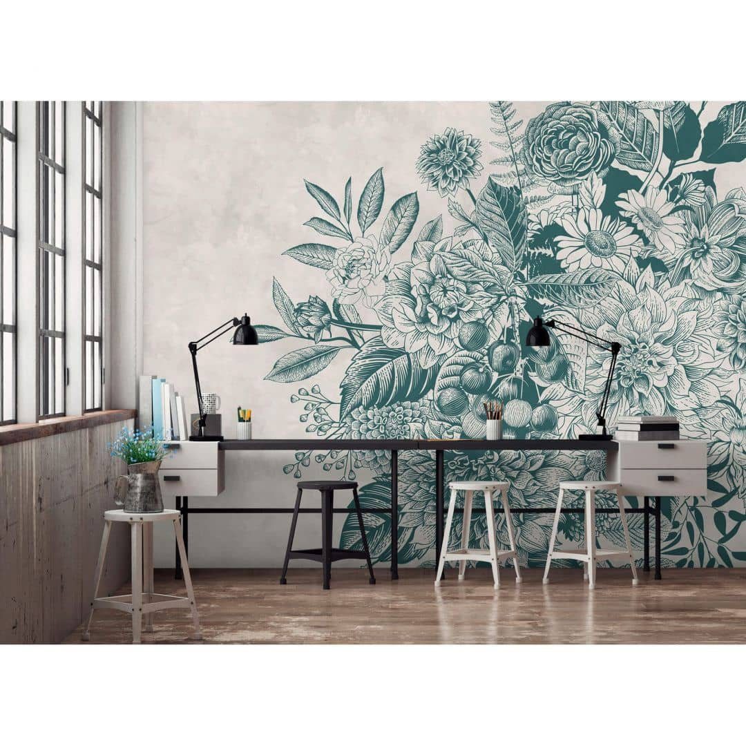 living Wandschutz walls Vliestapete Große Fototapete Blume blau x greenery 4m XXL Tapete 2.7m, Floral