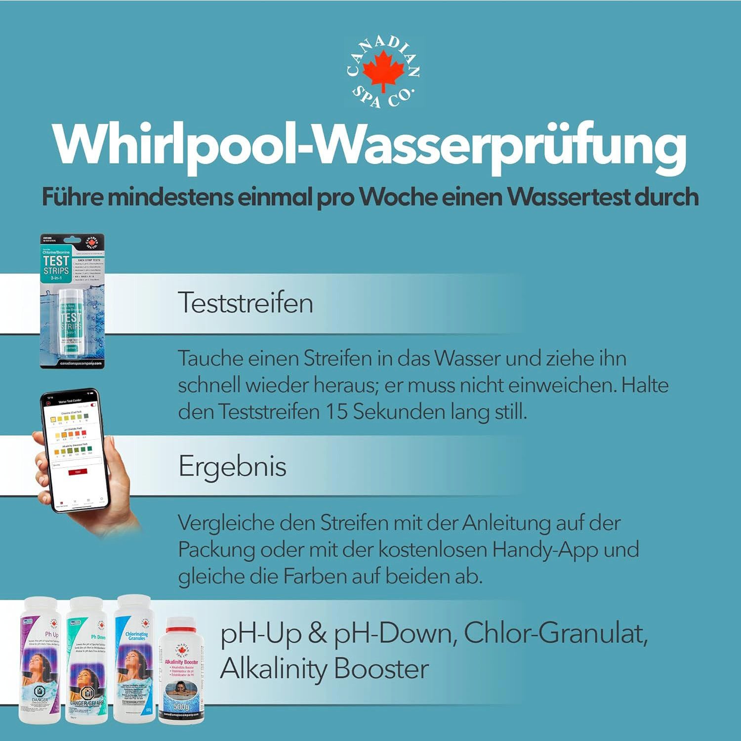 Canadian Spa GmbH Wasserteststreifen Whirlpool Test Strips, 50-St., 3 IN 1: Chlorgehalt, pH-Wert, Alkalinität
