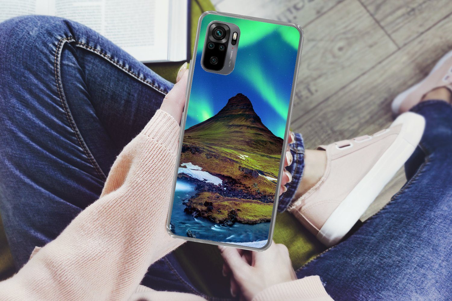 MuchoWow Handyhülle für Xiaomi Redmi Note 10S Nordlicht - Sternenhimmel - Island - Berg -, Phone Case, Silikon, Schutzhülle Dünn