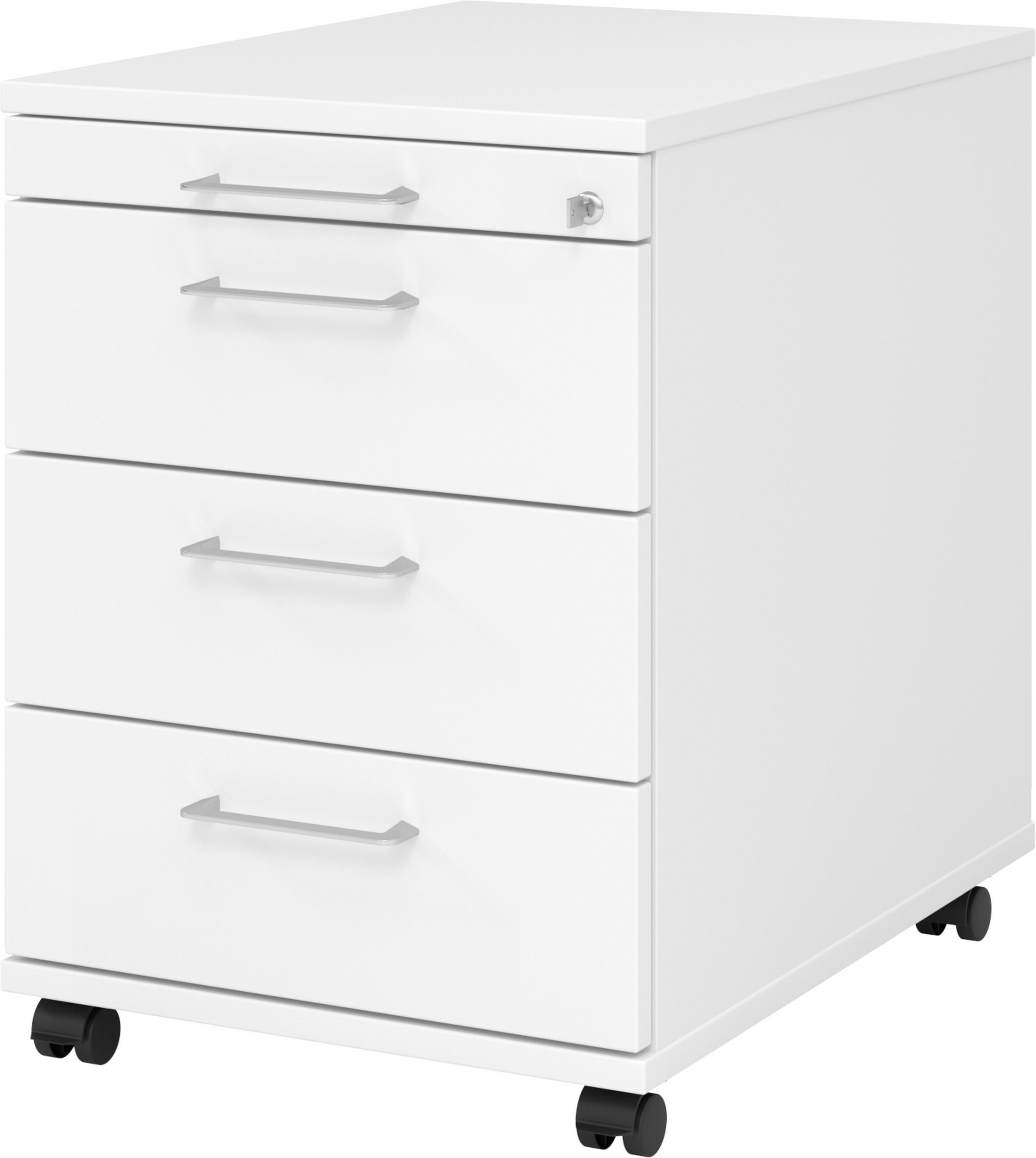 bümö Rollcontainer office Bürocontainer - 3 Materialschubladen, Dekor: Weiß mit Bügelgriff (Metall)