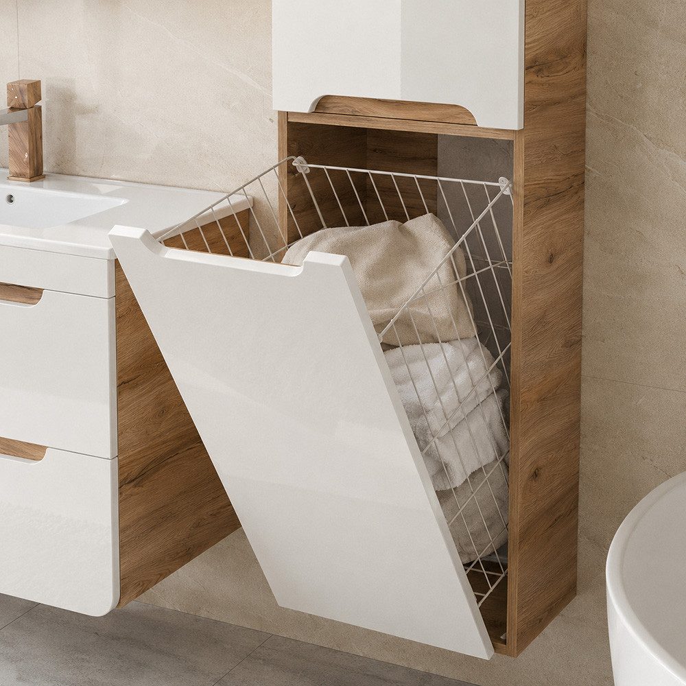 Lomadox Badmöbel-Set LUTON-56, (Spar-Set, 6-St., Hängeschranke Spiegelschrank Waschbecken Waschbeckenschrank), Hochglanz weiß mit Wotan Eiche, Beleuchtung, Waschtisch 80 cm