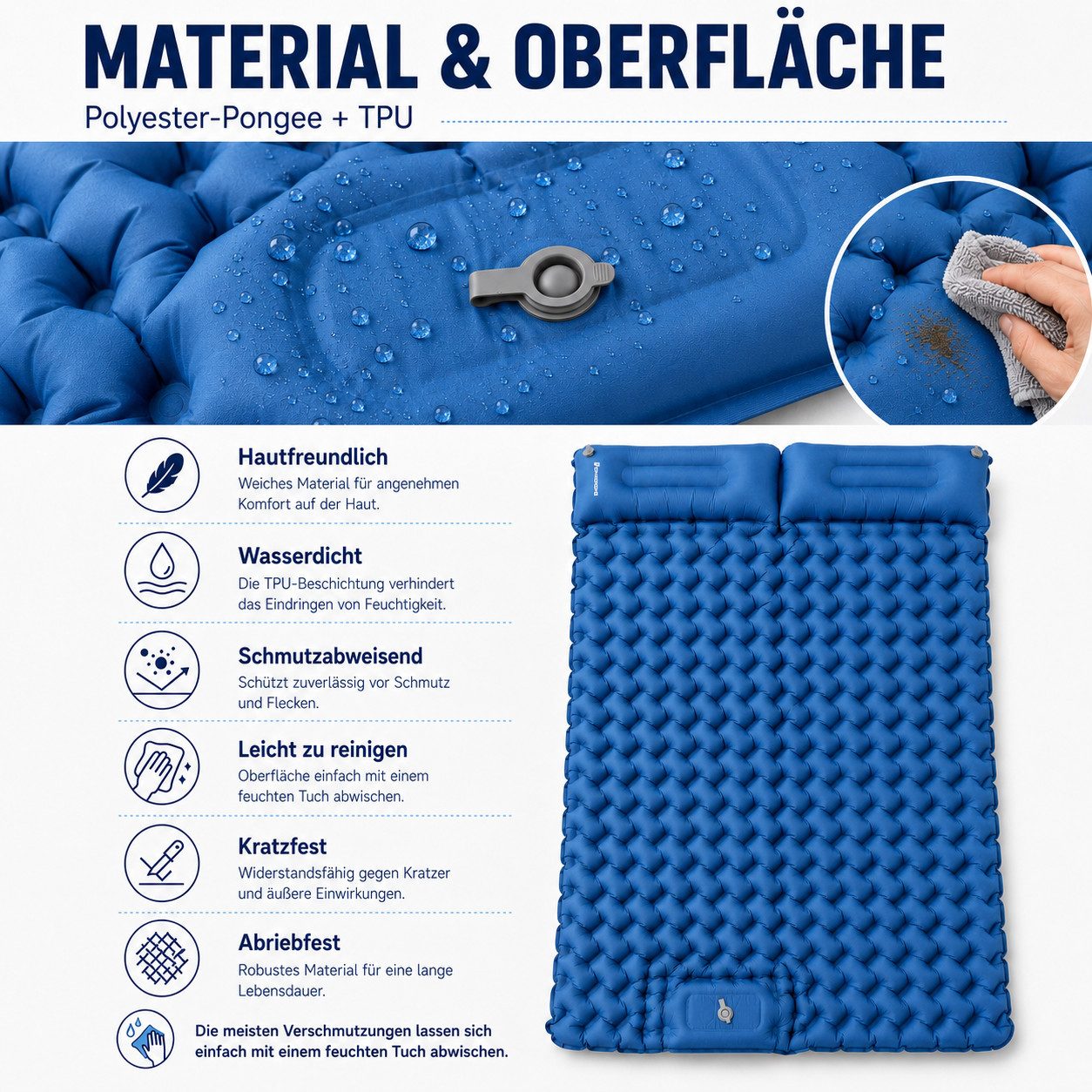 CITYSPORTS Isomatte Selbstaufblasende Camping Isomatte, aufblasbare Luftmatratze Camping, mit Kissen,Fußpumpe,Outdoor Schlafmatte für Zelt SUV Reisen