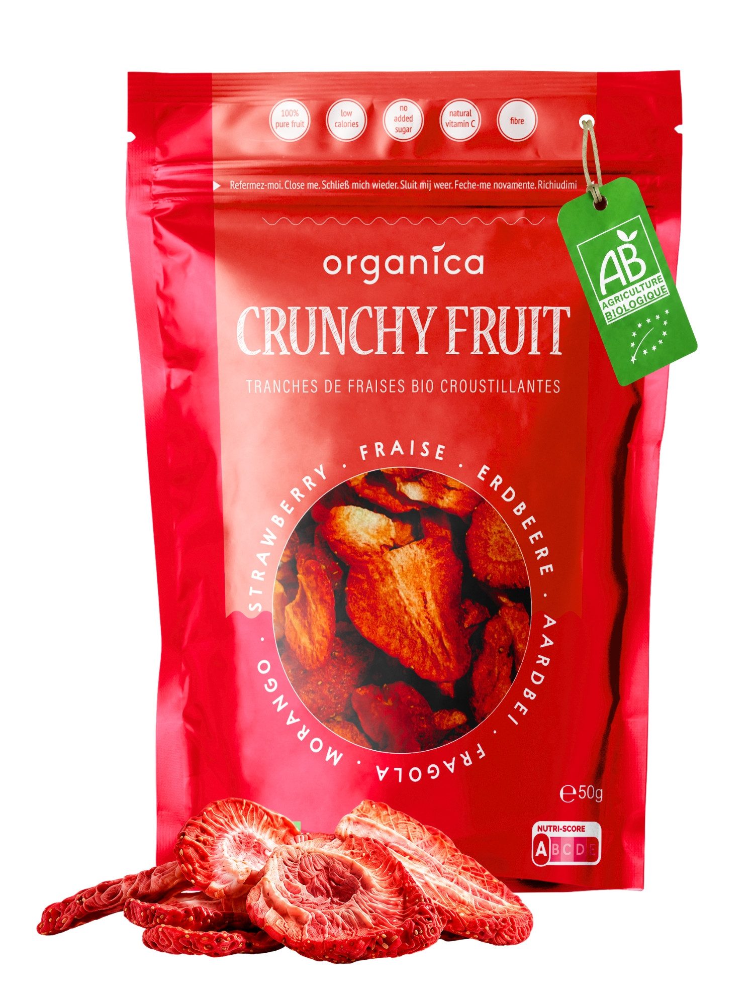 Organica Trockenfrüchte Gefriergetrocknete Bio-Erdbeeren, Erdbeerscheiben ungezuckert, 1 x (Family Pack 50g), Bio-zertifiziert, 100 % Frucht, Ohne Zuckerzusatz, Nutri-Score A
