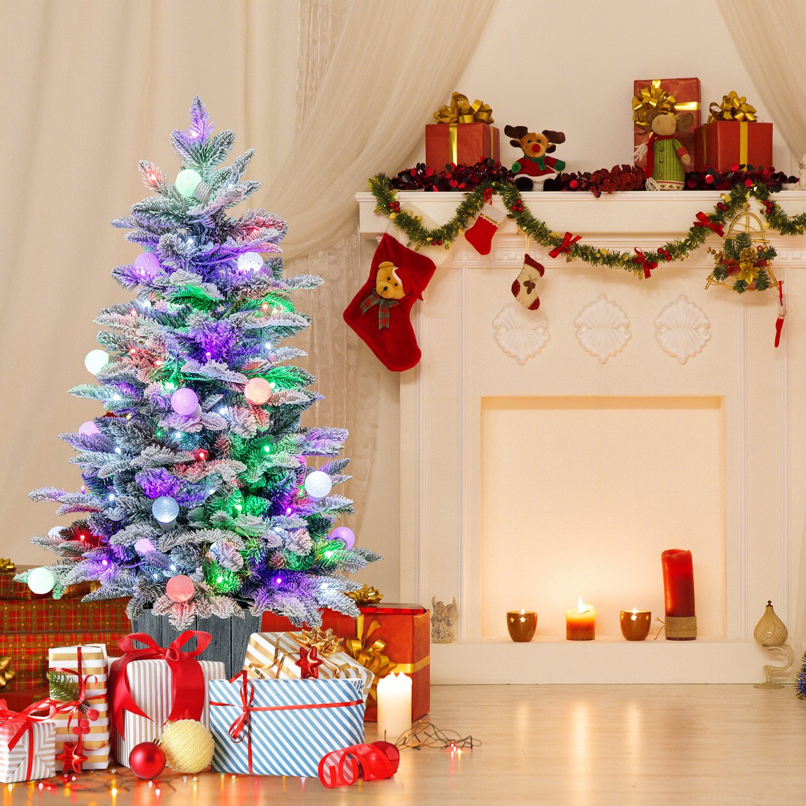 COSTWAY Künstlicher Weihnachtsbaum, 100cm, 80 mehrfarbige LEDs, 148 Spitzen