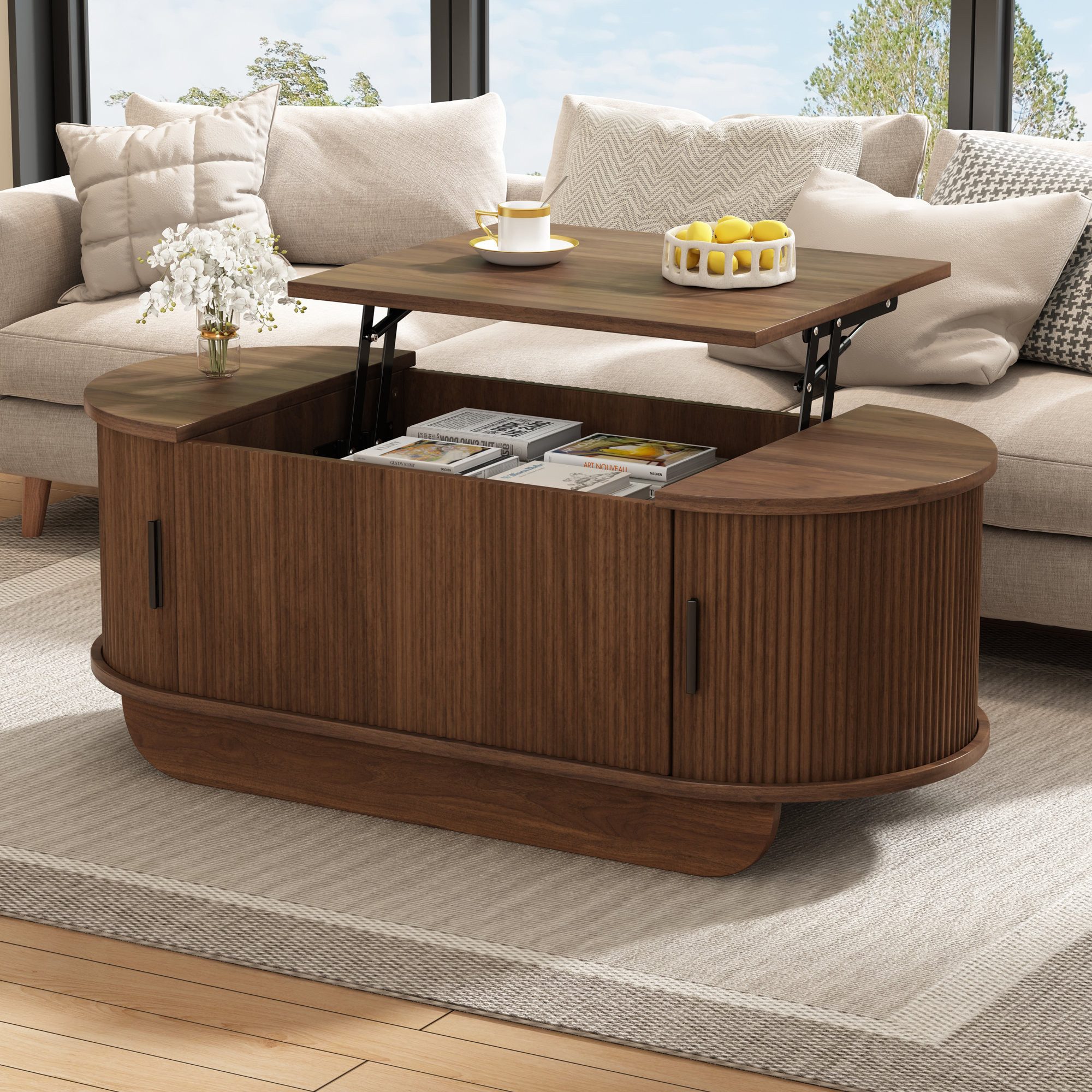 Odikalo Couchtisch Beistelltisch Wohnzimmertisch Ovaler mit hydraulischem Hebemechanismus (100×50×42cm höhenverstellbar bis 55,5 cm Teetisch ovaler Sofatisch mit Rollläden großer Stauraum Wohnzimmertisch)