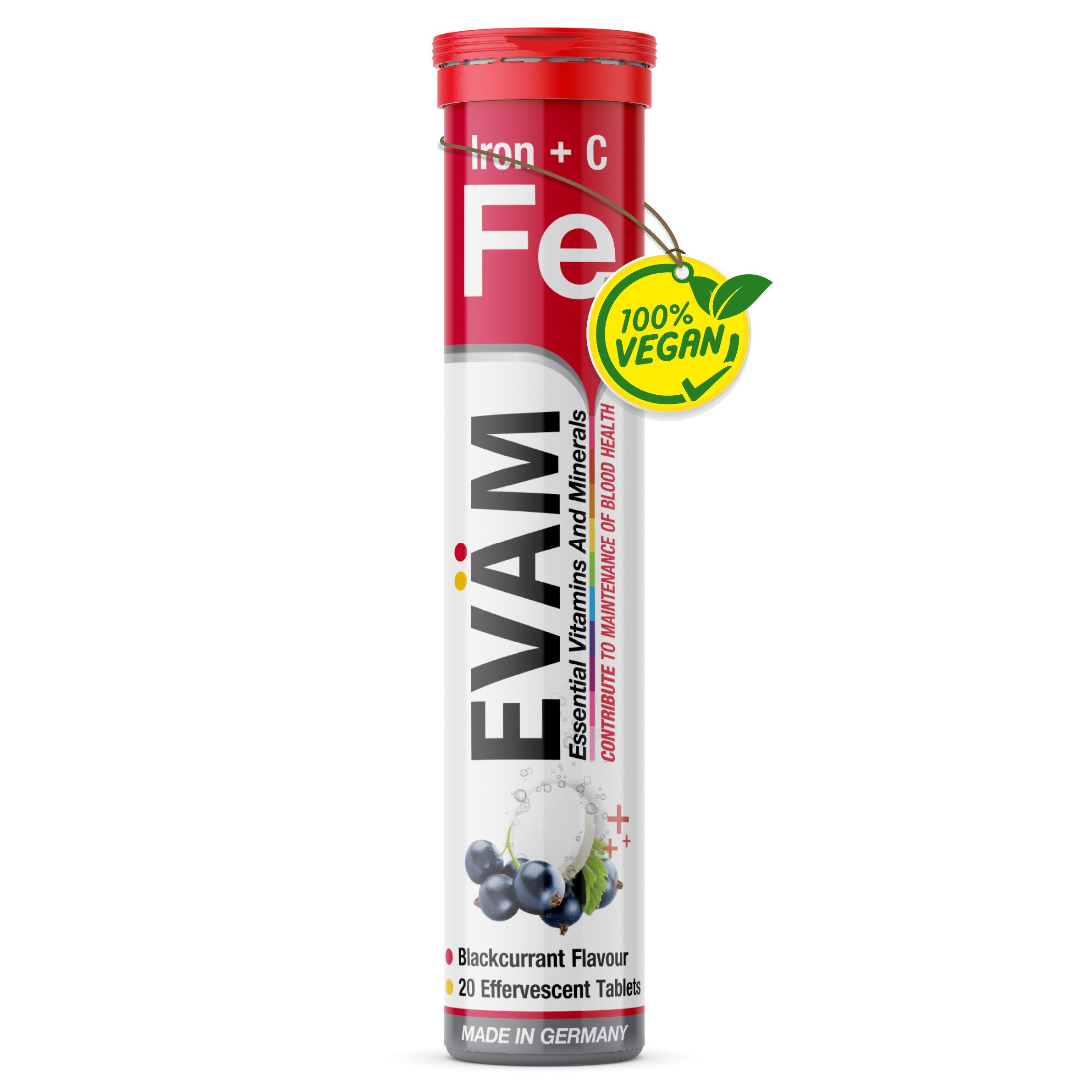 EVÄM Eisen + Vitamin C mit schwarze Johannisbeeren, vegan Brausetabletten, 1 er Rörchen à 20 St., 82 g, made in Germany