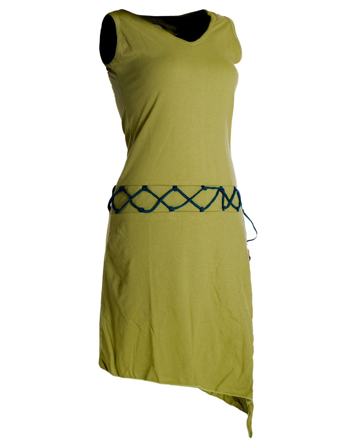 Vishes Sommerkleid Ärmelloses Kleid Beinausschnitt Goa Style Elfen asymmetrisch hellgrün Boho, Hippie, Gürtel-Schnürung