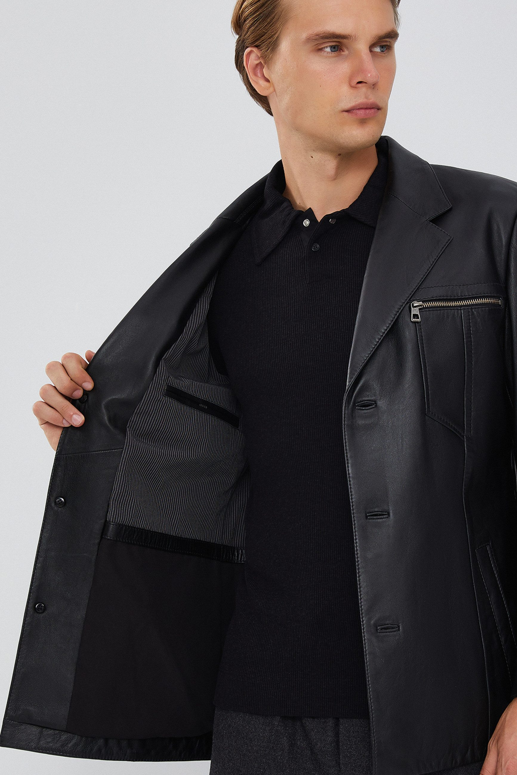 Derimod Lederjacke Bernard Lederjacke Regular Fit, Knopfverschluss, Reverskragen, Kurz, Textilfutter