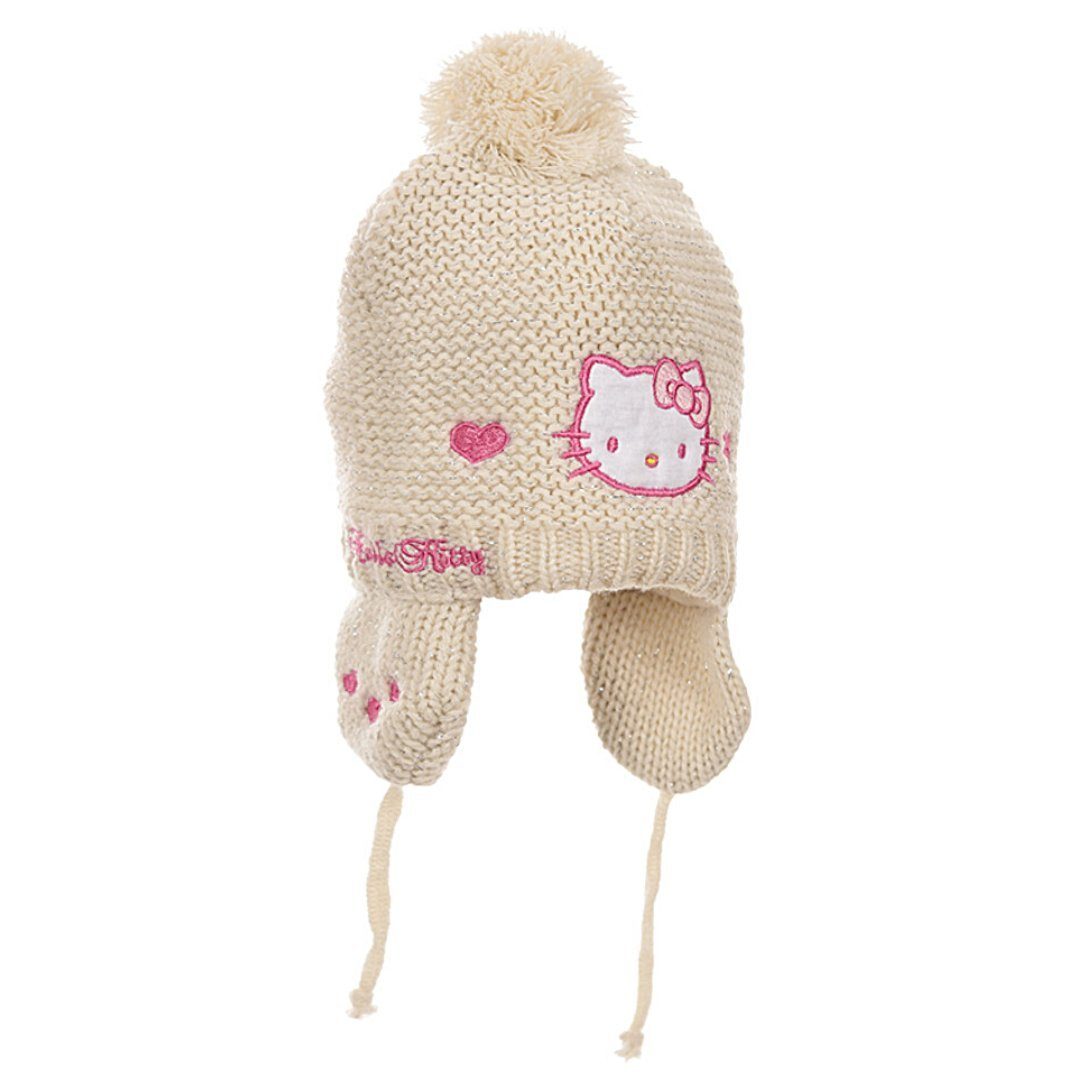 Hello Kitty Strickmütze warme Babymütze 3-9 Monate mit Fleece Futter Weiß