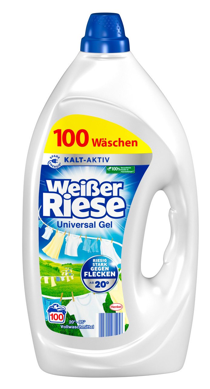 Weißer Riese Weißer Riese Gel Universal 100WL & WC FRISCH Spa Momente 50g Vollwaschmittel (Spar-Pack, [2-St. Flüssigwaschmittel & Toilettenstein für Sauberkeit & Frische)