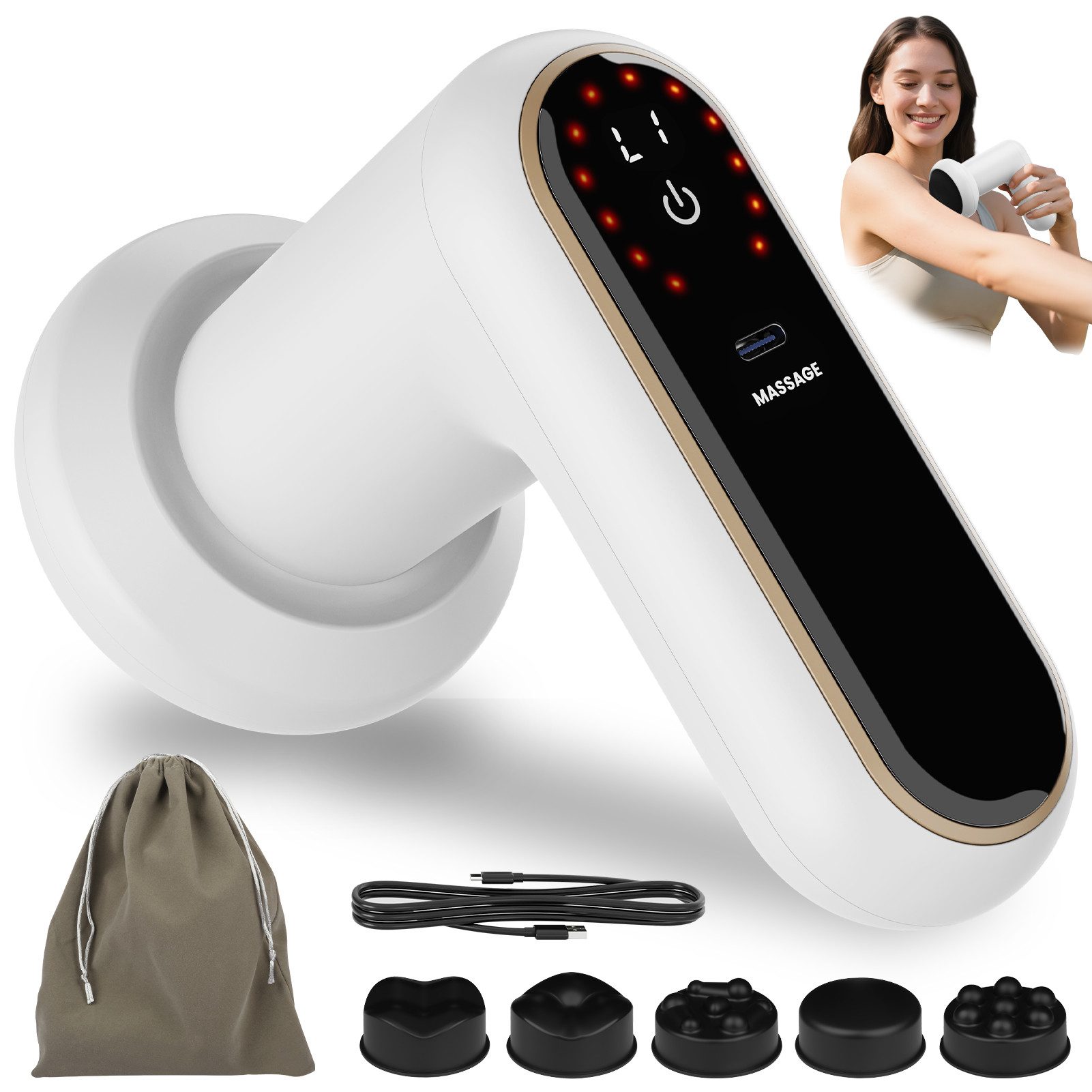 Kitcanis Massagegerät Anti Cellulite Massagegerät Elektrisch, Set 5-tlg., 5* Massageköpfe,1* USB-Kabel, Bedienungsanleitung, Aufbewahrungstasche, 5 Köpfe, 6 Einstellungen, 3 Programme, wohltuende Wärme