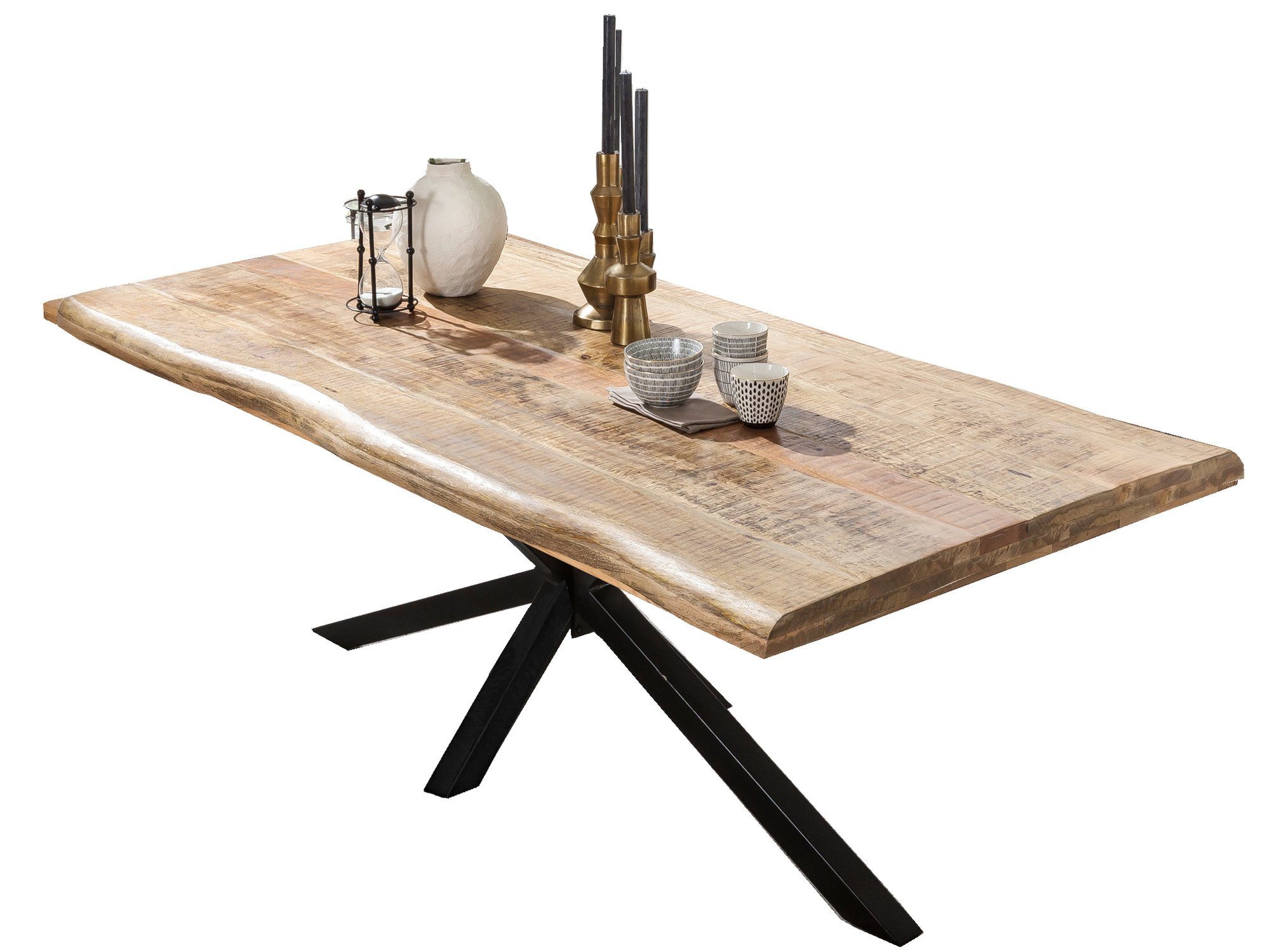 TPFLiving Baumkantentisch Nestos - Platte Mango, Gestell Metall (mit Baumkante wie gewachsen - Platte natur, Gestell antikschwarz, Baumkantentisch - Desinger Tisch Luxus - Esstisch massiv), Plattenstärke 56 mm - Baumkantentisch 160x90cm
