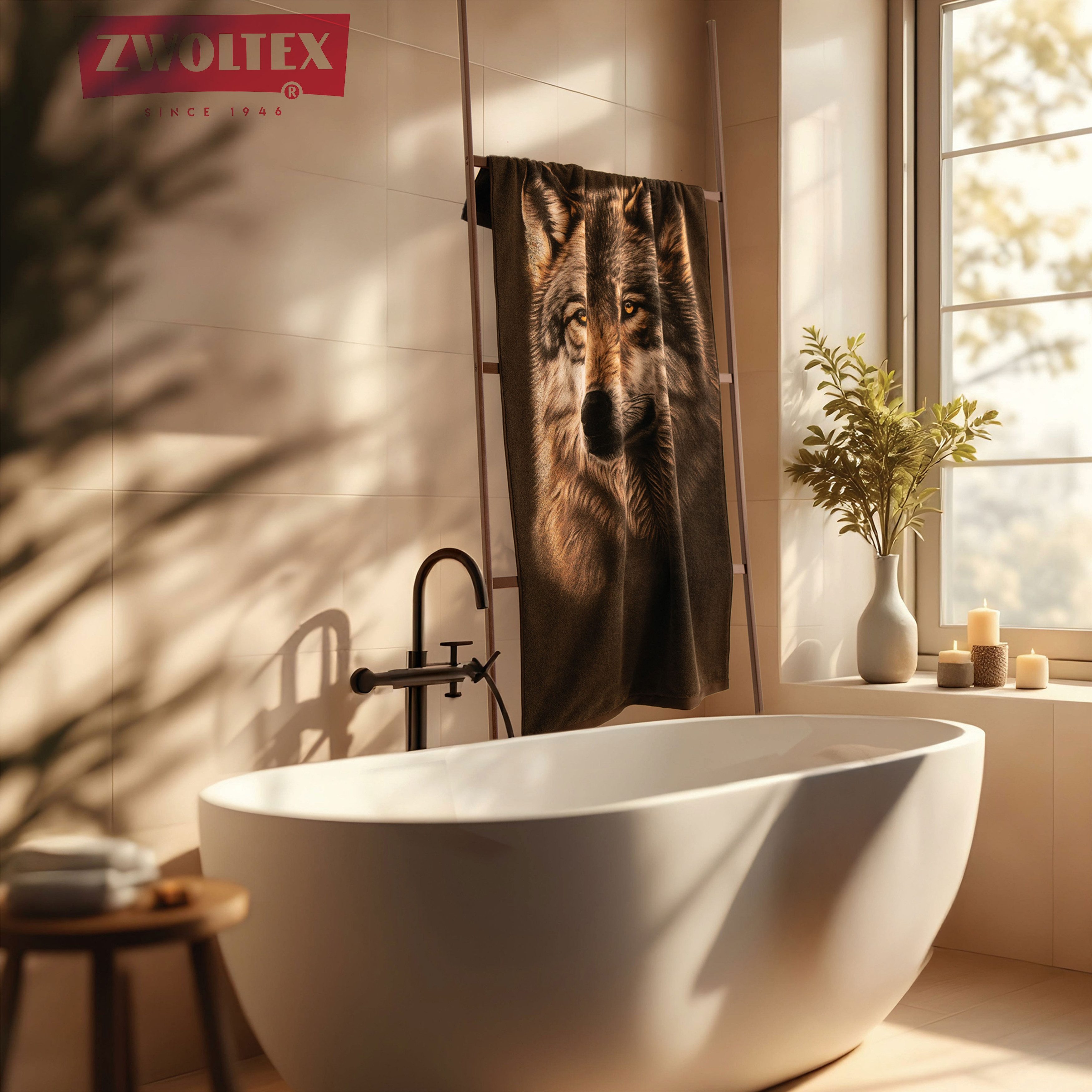 Zwoltex Handtücher Wolf Motiv Handtuch & Badetuch Set 600 g/m², (50x100 & 70x140 cm 60° OEKO-TEX 100% GOTS), Realistischer Motivdruck auf saugstarkem Frottee
