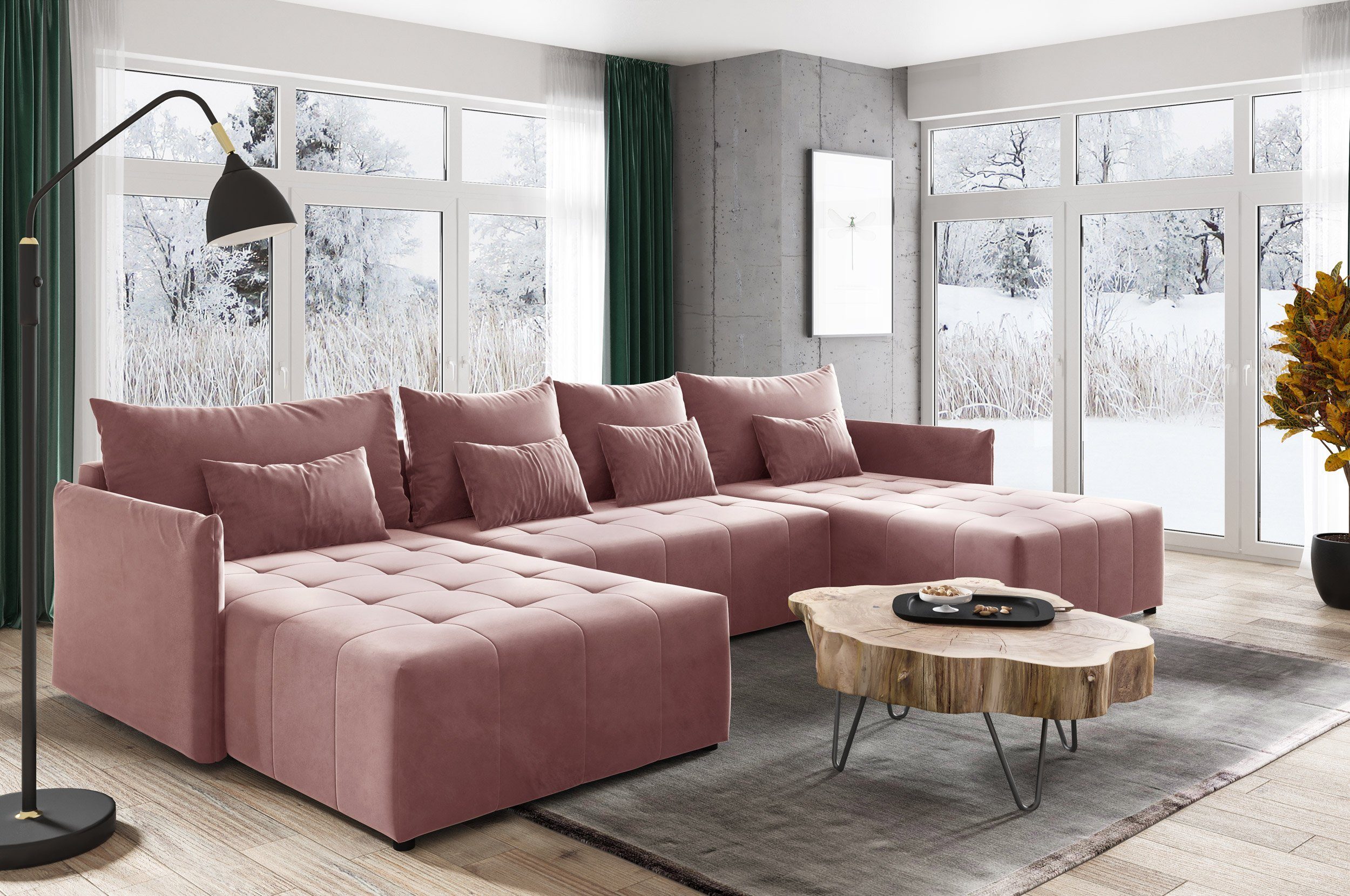 Couch, Schlaffunktion Sofnet Wohnlandschaft Wellenfeder Ecksofa, 29 Leno U-Form und mit mit Kronos Schlafsofa U, Bettkasten,