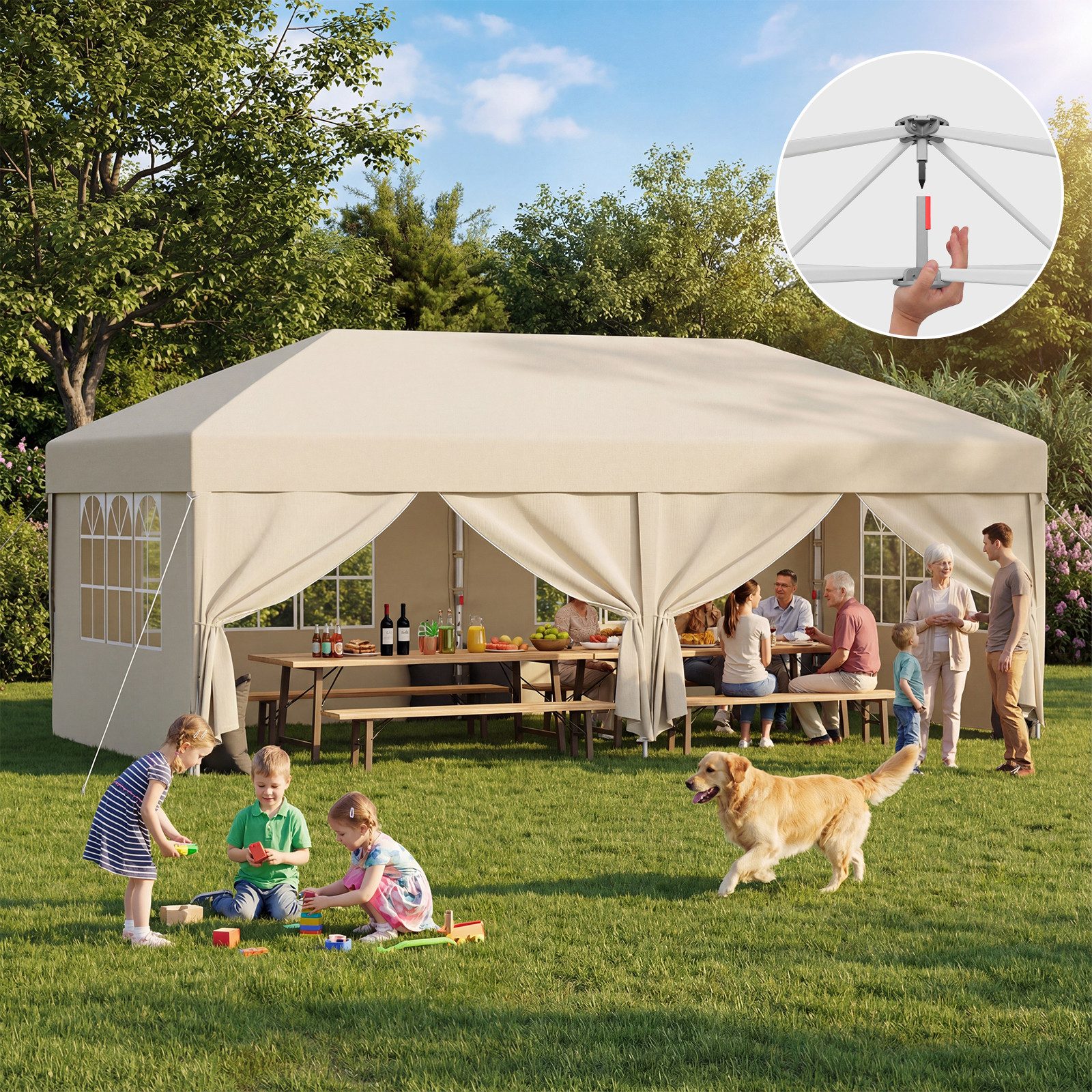 GUNJI Faltpavillon Pop Up Partyzelt 3*3/3*6m Gartenpavillon winterfest und wasserdicht, mit 4 Seitenteilen, 4 Sandsäcke, für Garten Camping