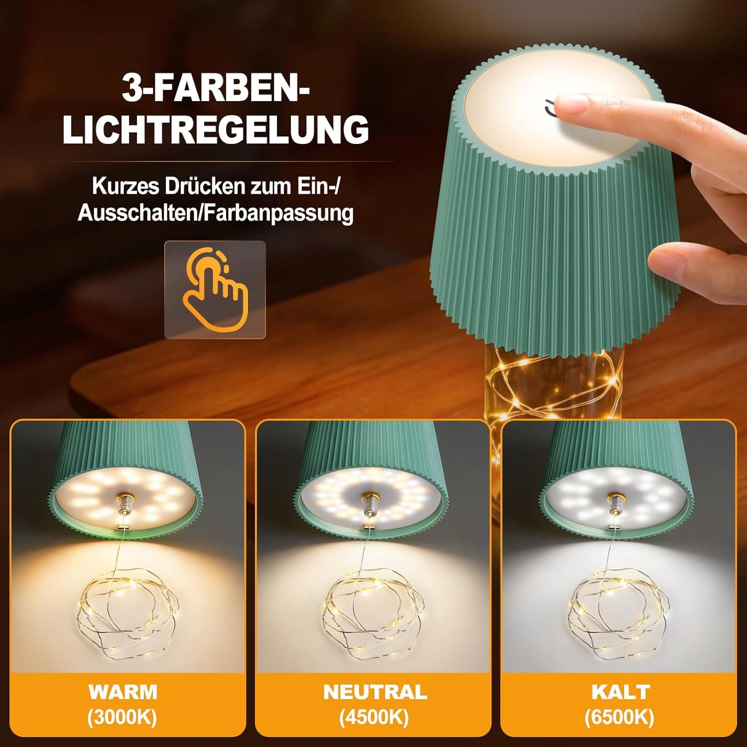 LaCute LED Dekolicht LED Flaschenlampe USB-C Akku Tischleuchte mit Lichterkette Grün, LED fest integriert, Kaltweiß (6000 K), Warmweiß (3000 K), Neutralweiß (4500 K), 3 Lichtfarben, stufenlos dimmbar, USB-C aufladbar LED-Lichterkette